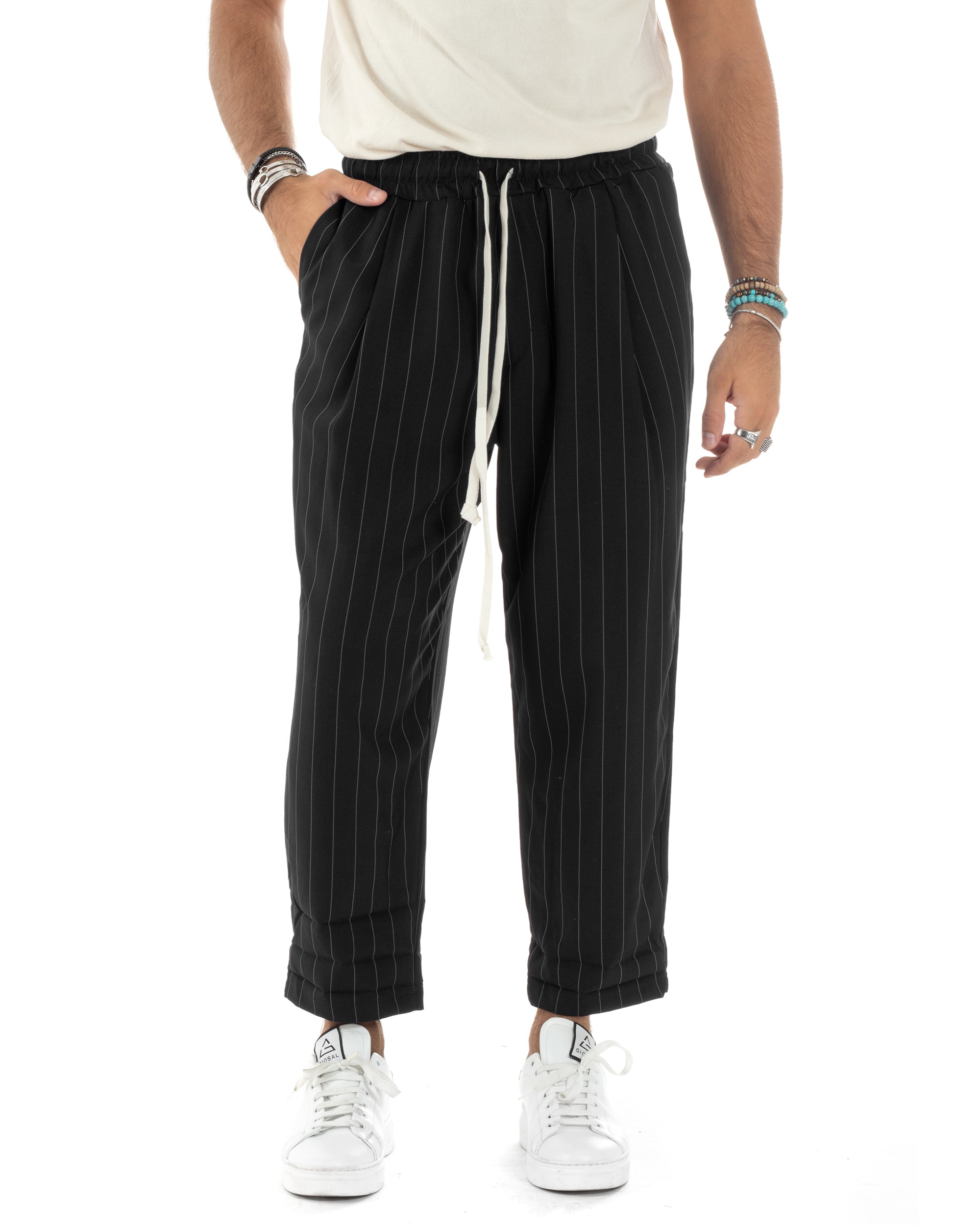 Pantalaccio Uomo Viscosa Morbido Regular Fit Pantaloni Con Coulisse Fantasia Gessata Rigato Nero GIOSAL-P6129A