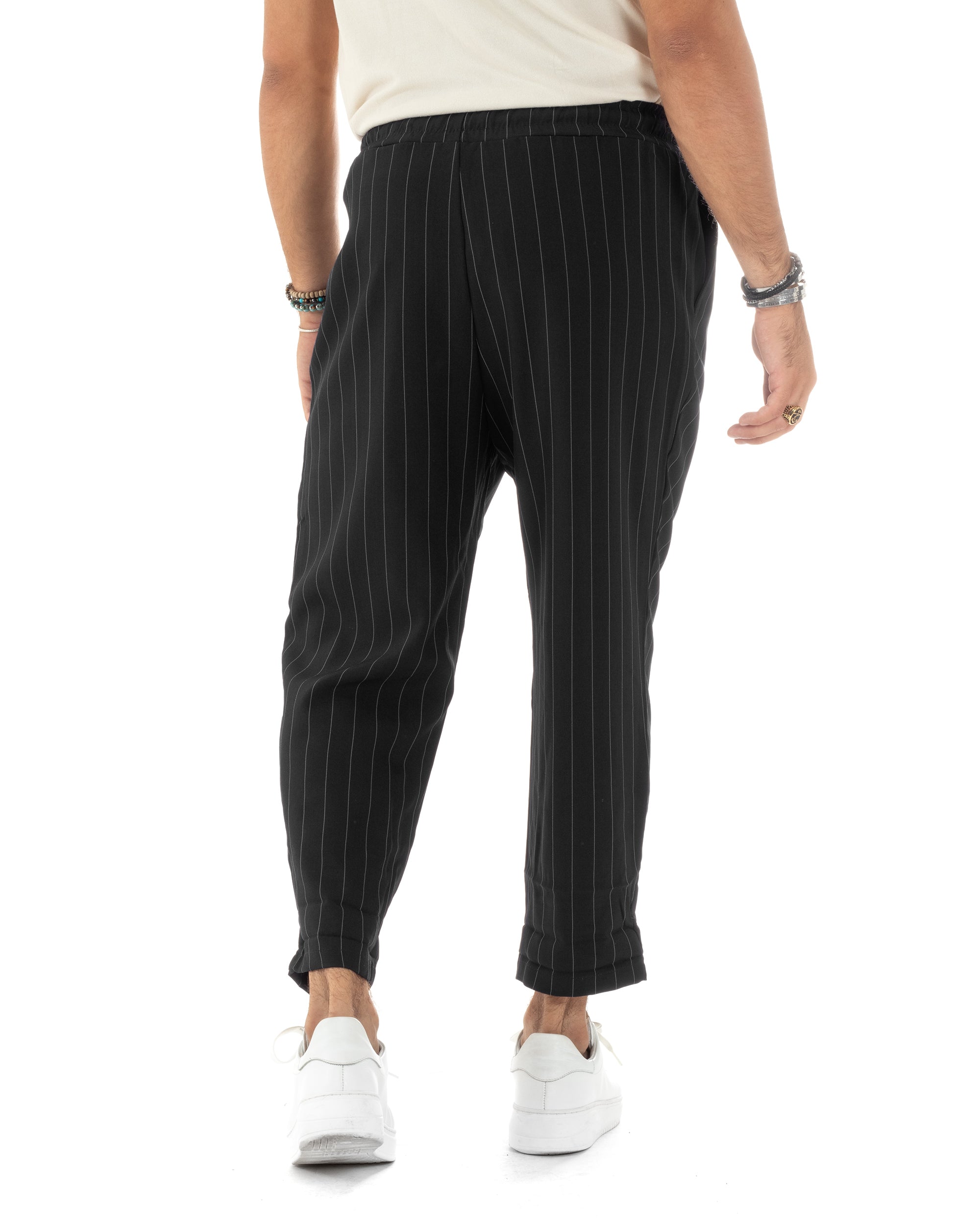 Pantalaccio Uomo Viscosa Morbido Regular Fit Pantaloni Con Coulisse Fantasia Gessata Rigato Nero GIOSAL-P6129A