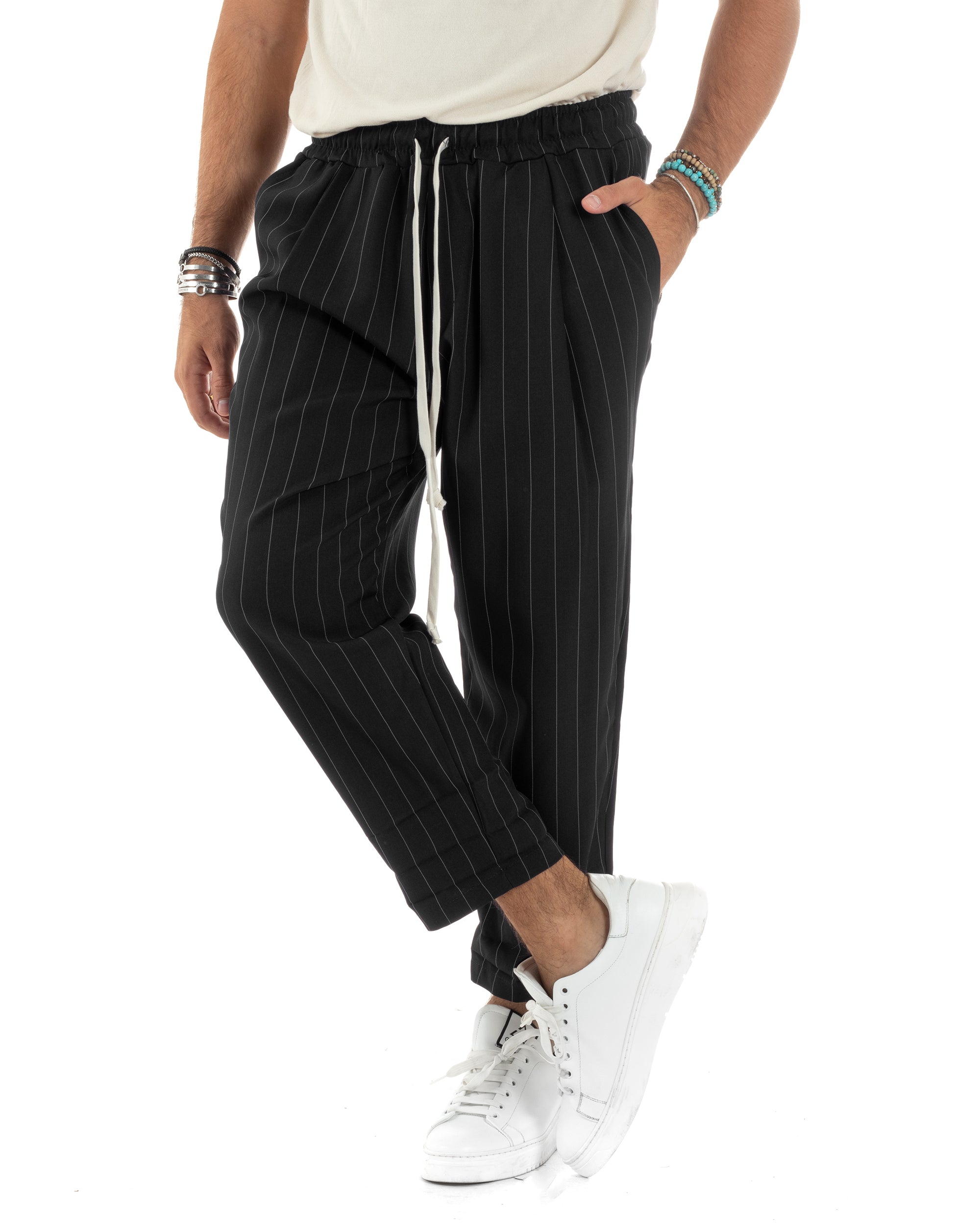 Pantalaccio Uomo Viscosa Morbido Regular Fit Pantaloni Con Coulisse Fantasia Gessata Rigato Nero GIOSAL-P6129A