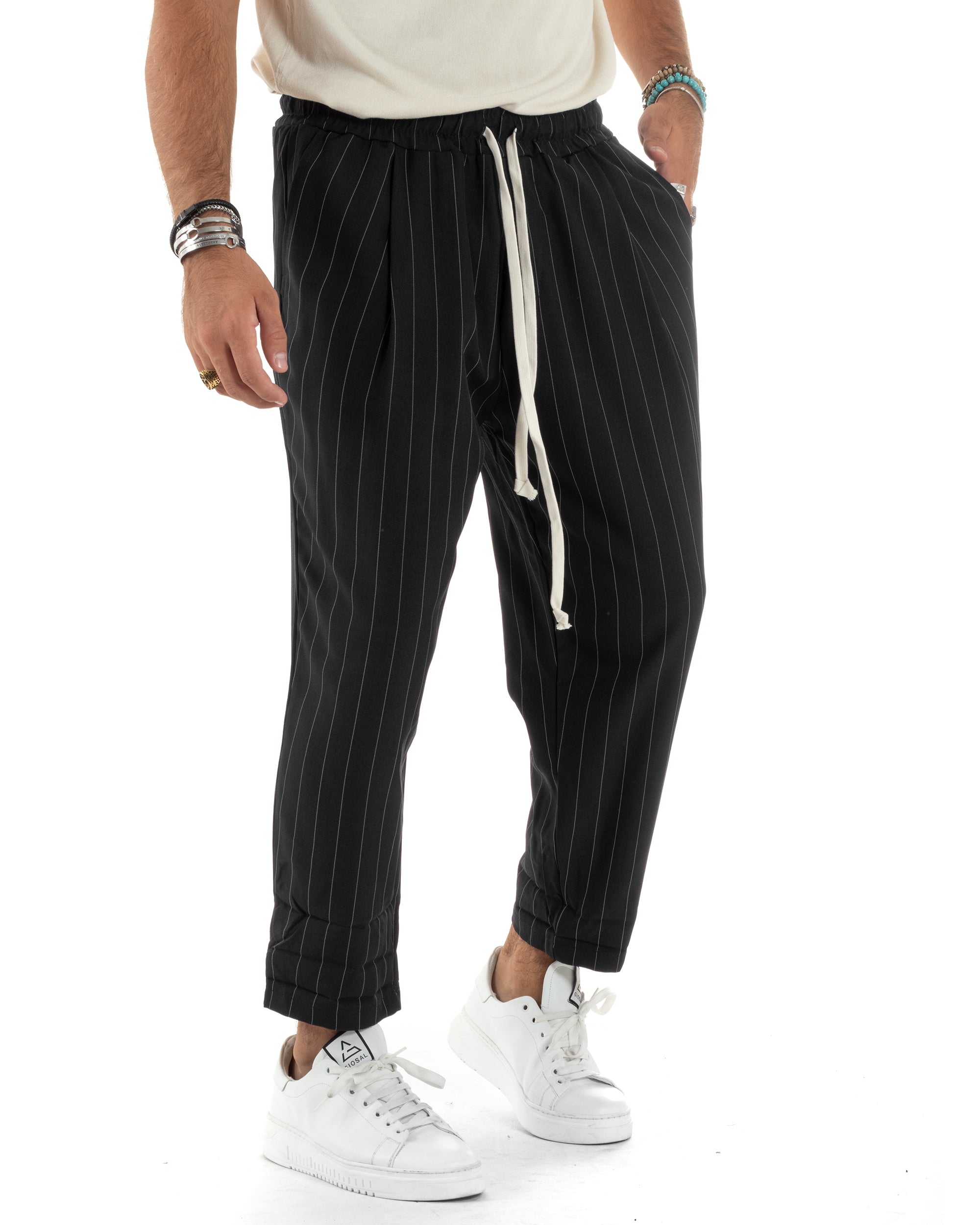 Pantalaccio Uomo Viscosa Morbido Regular Fit Pantaloni Con Coulisse Fantasia Gessata Rigato Nero GIOSAL-P6129A