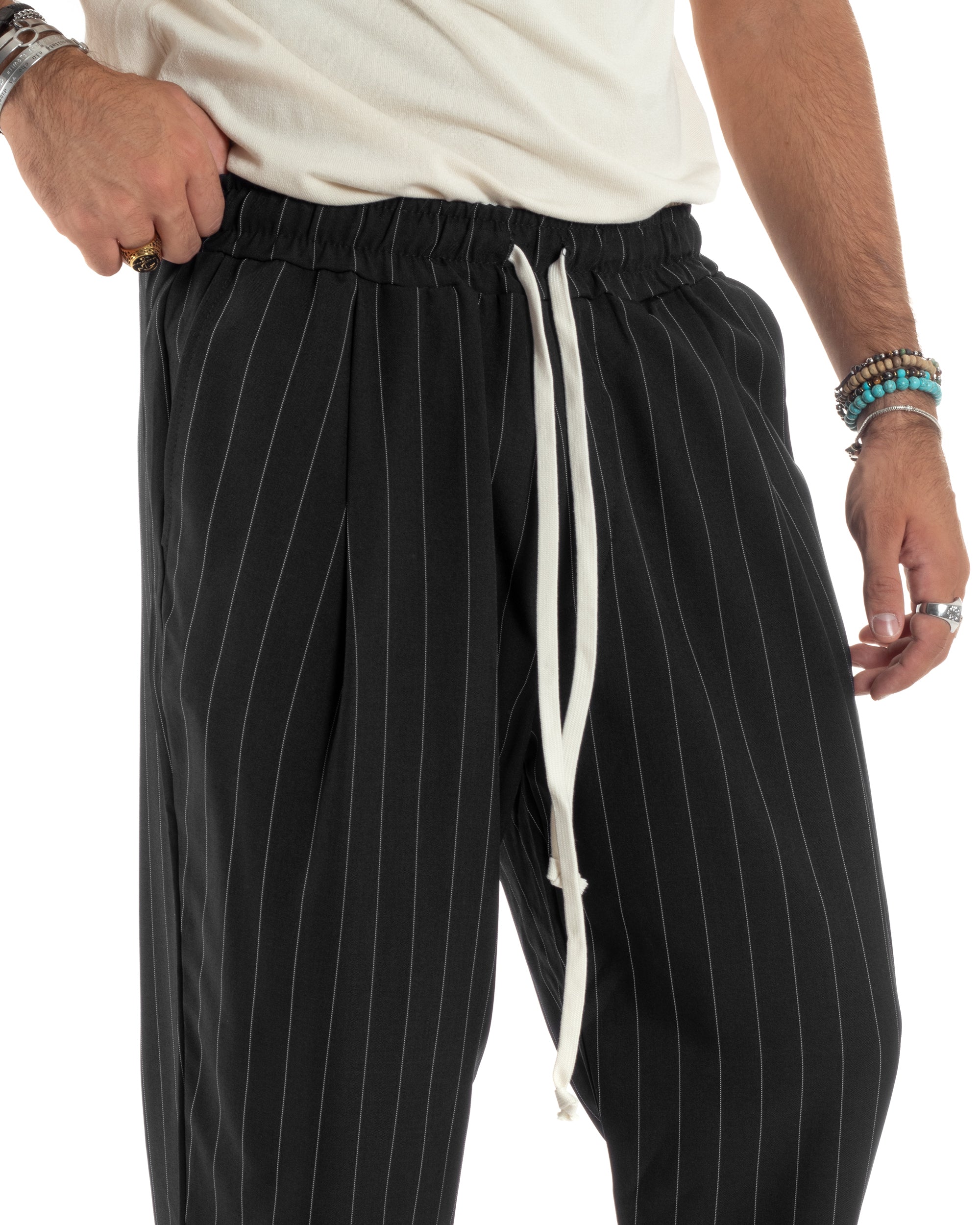 Pantalaccio Uomo Viscosa Morbido Regular Fit Pantaloni Con Coulisse Fantasia Gessata Rigato Nero GIOSAL-P6129A