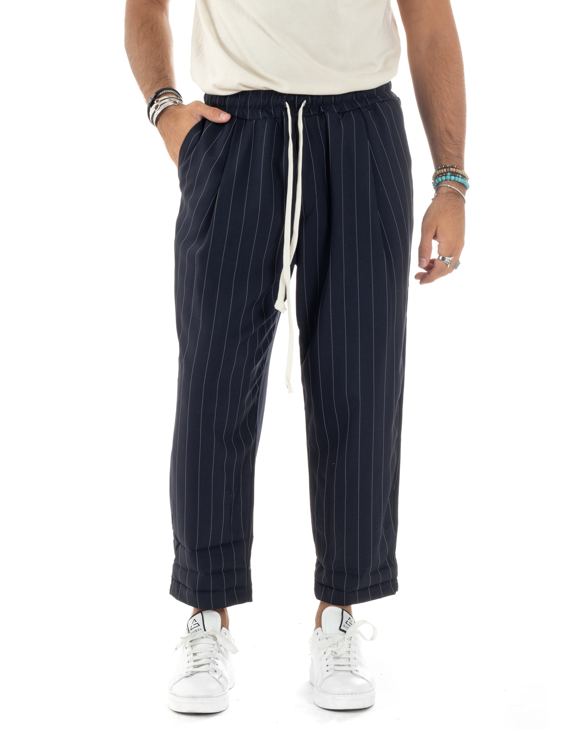 Pantalaccio Uomo Viscosa Morbido Regular Fit Pantaloni Con Coulisse Fantasia Gessata Rigato Blu GIOSAL-P6130A