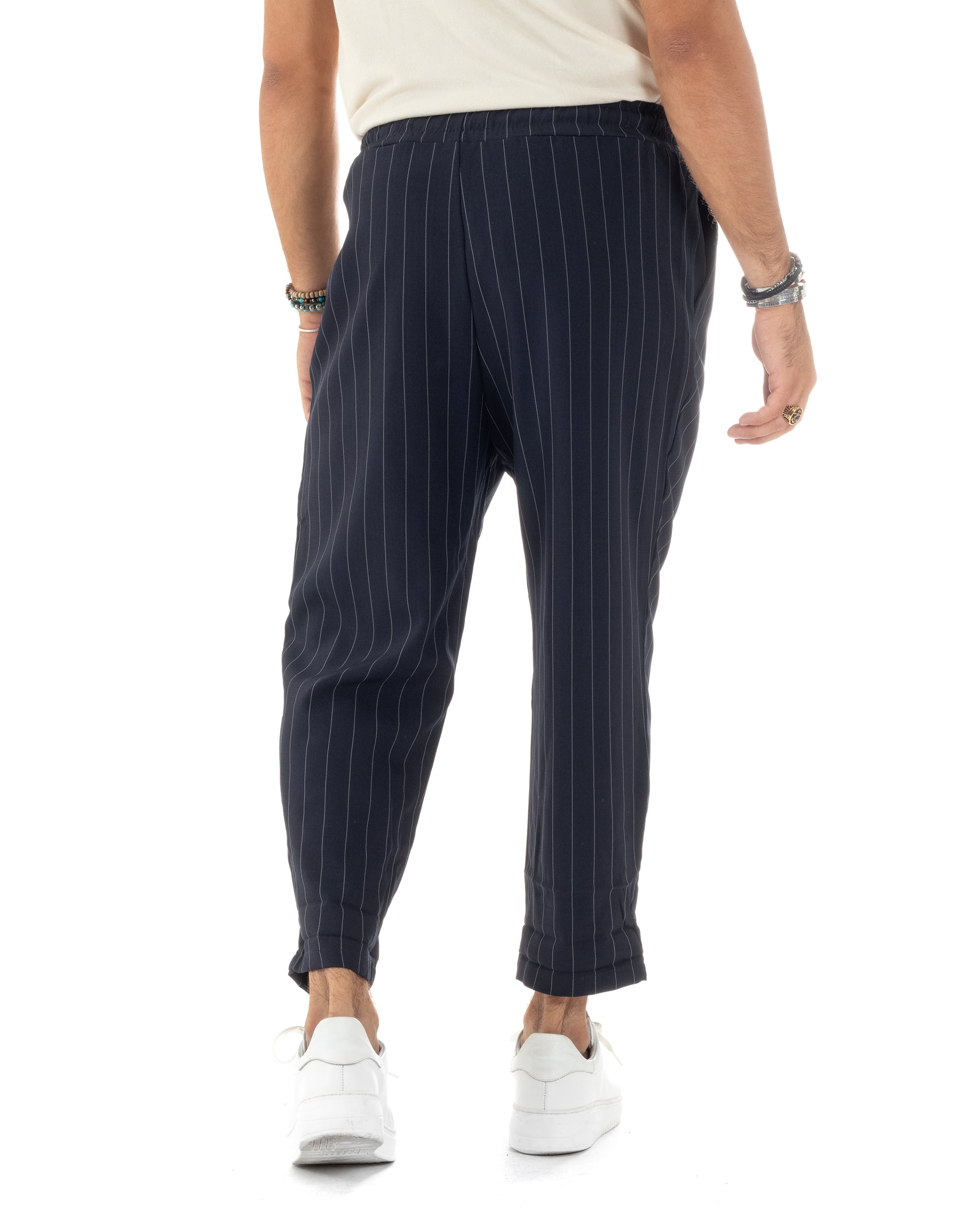 Pantalaccio Uomo Viscosa Morbido Regular Fit Pantaloni Con Coulisse Fantasia Gessata Rigato Blu GIOSAL-P6130A