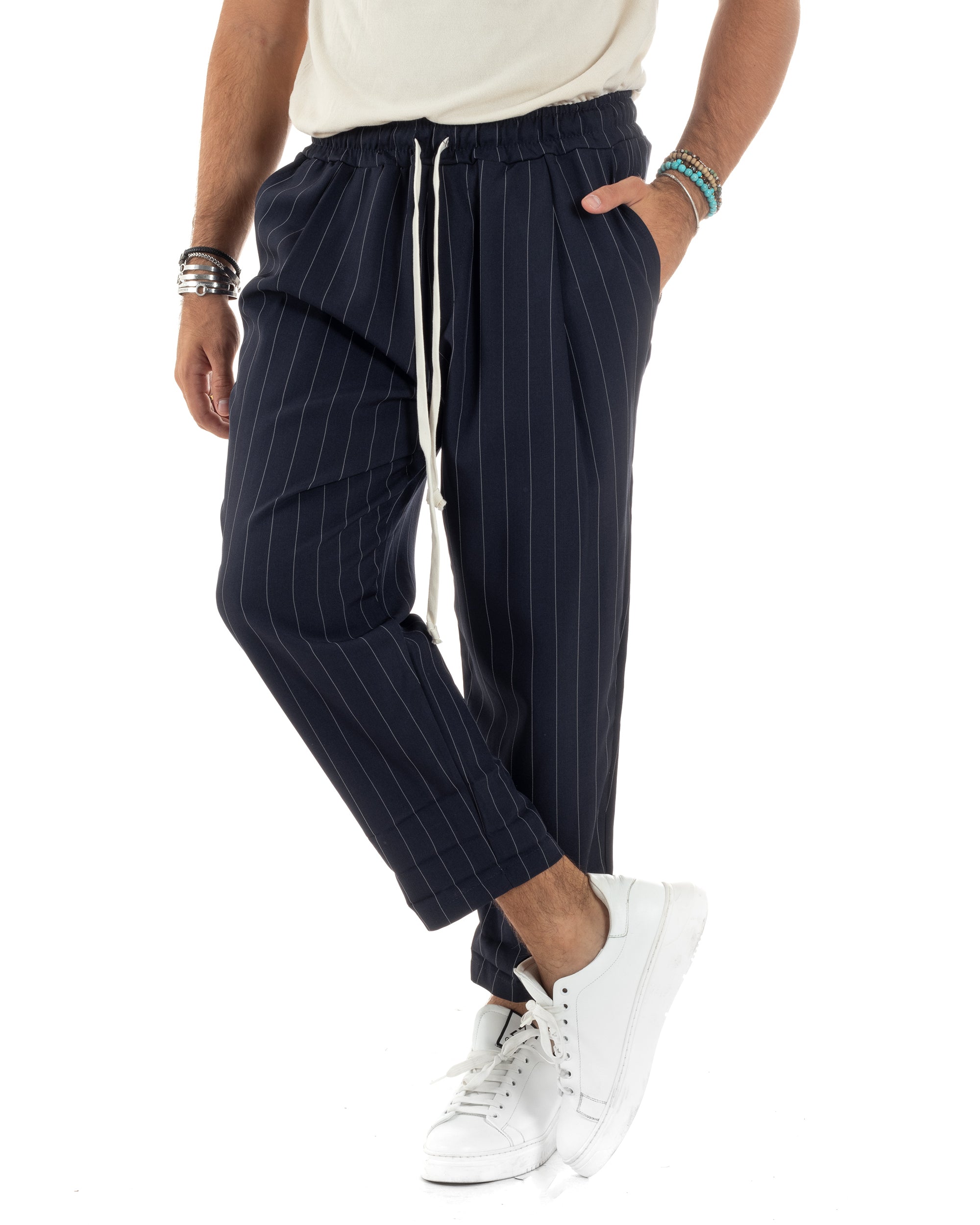 Pantalaccio Uomo Viscosa Morbido Regular Fit Pantaloni Con Coulisse Fantasia Gessata Rigato Blu GIOSAL-P6130A