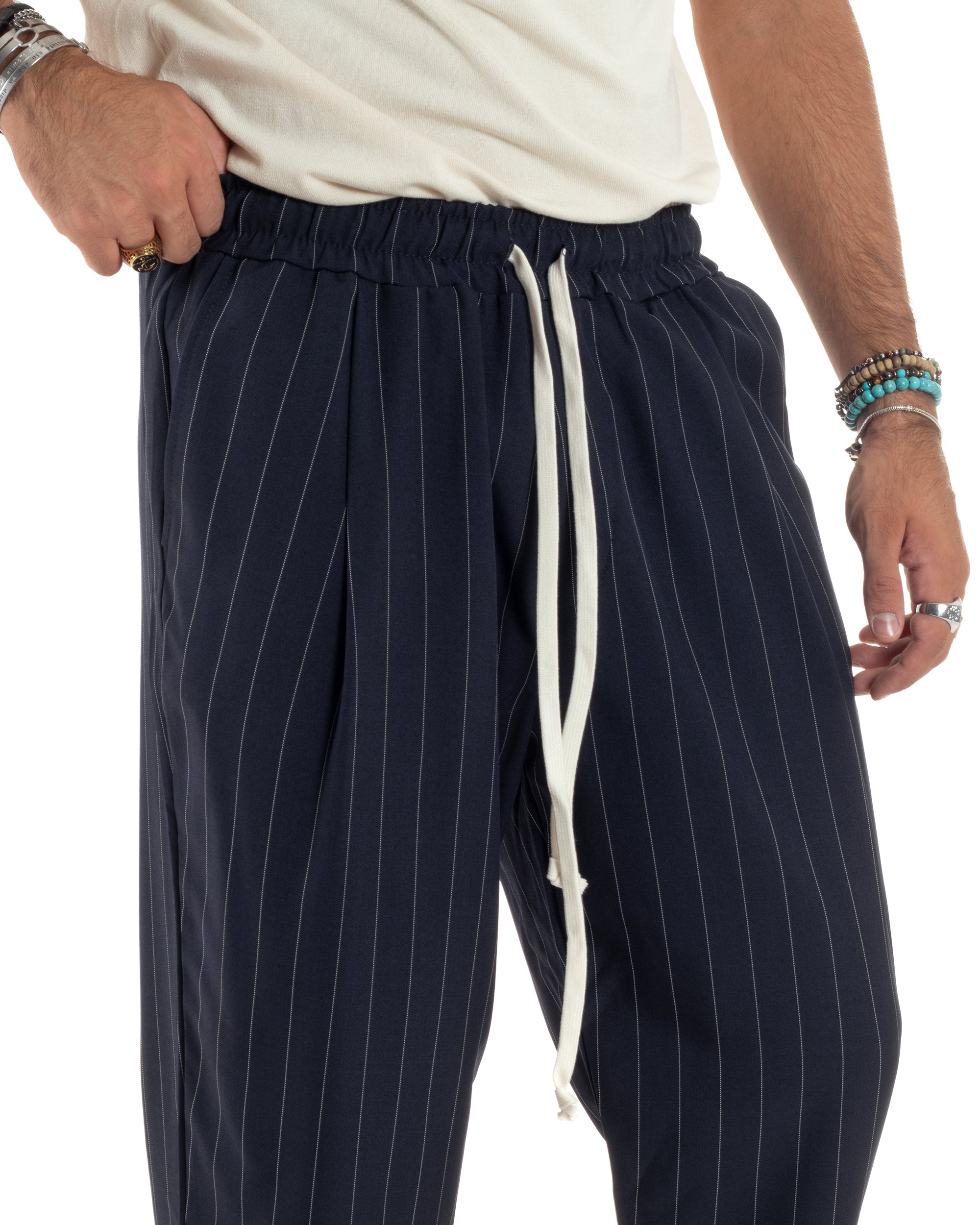 Pantalaccio Uomo Viscosa Morbido Regular Fit Pantaloni Con Coulisse Fantasia Gessata Rigato Blu GIOSAL-P6130A