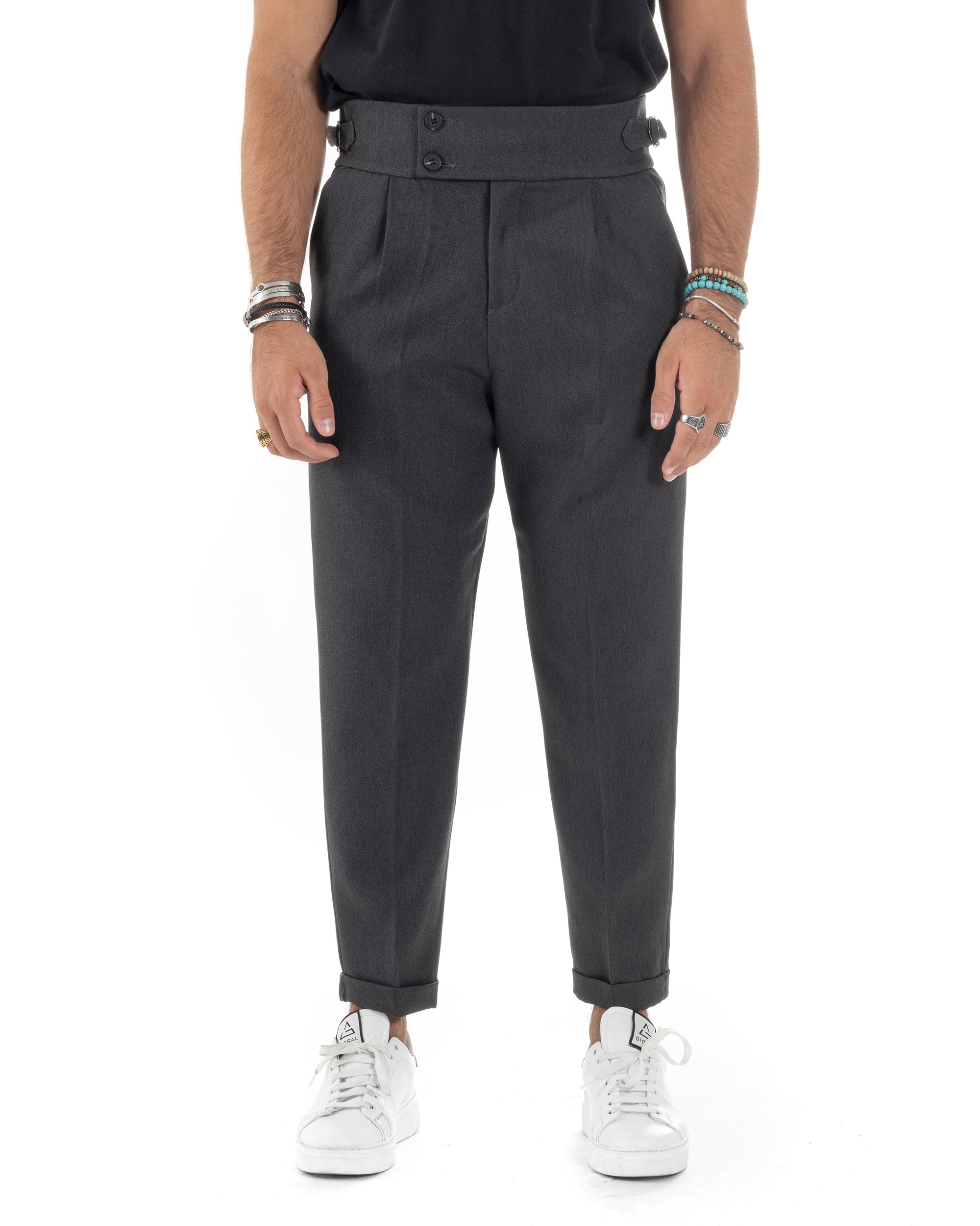 Pantaloni Uomo Classico Con Pinces Vita Alta Gurkha Pants Bustino e Fibbie Abbottonatura Allungata Nero Melangiato GIOSAL-P6131A