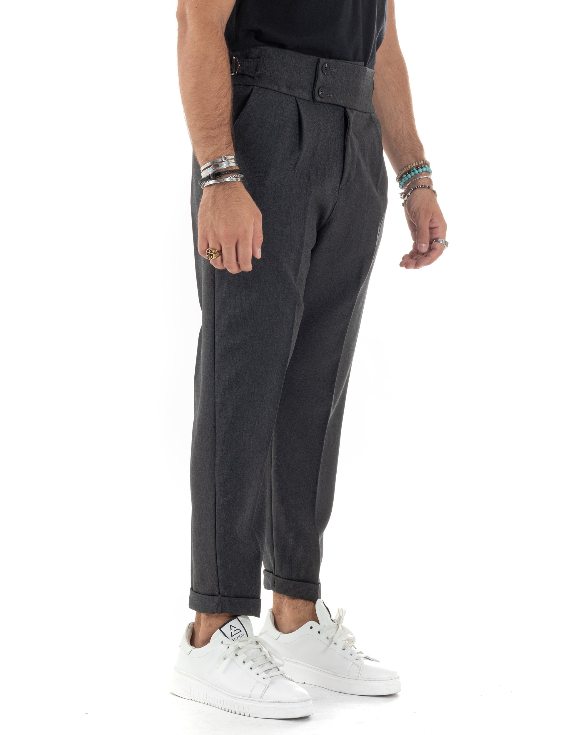 Pantaloni Uomo Classico Con Pinces Vita Alta Gurkha Pants Bustino e Fibbie Abbottonatura Allungata Nero Melangiato GIOSAL-P6131A