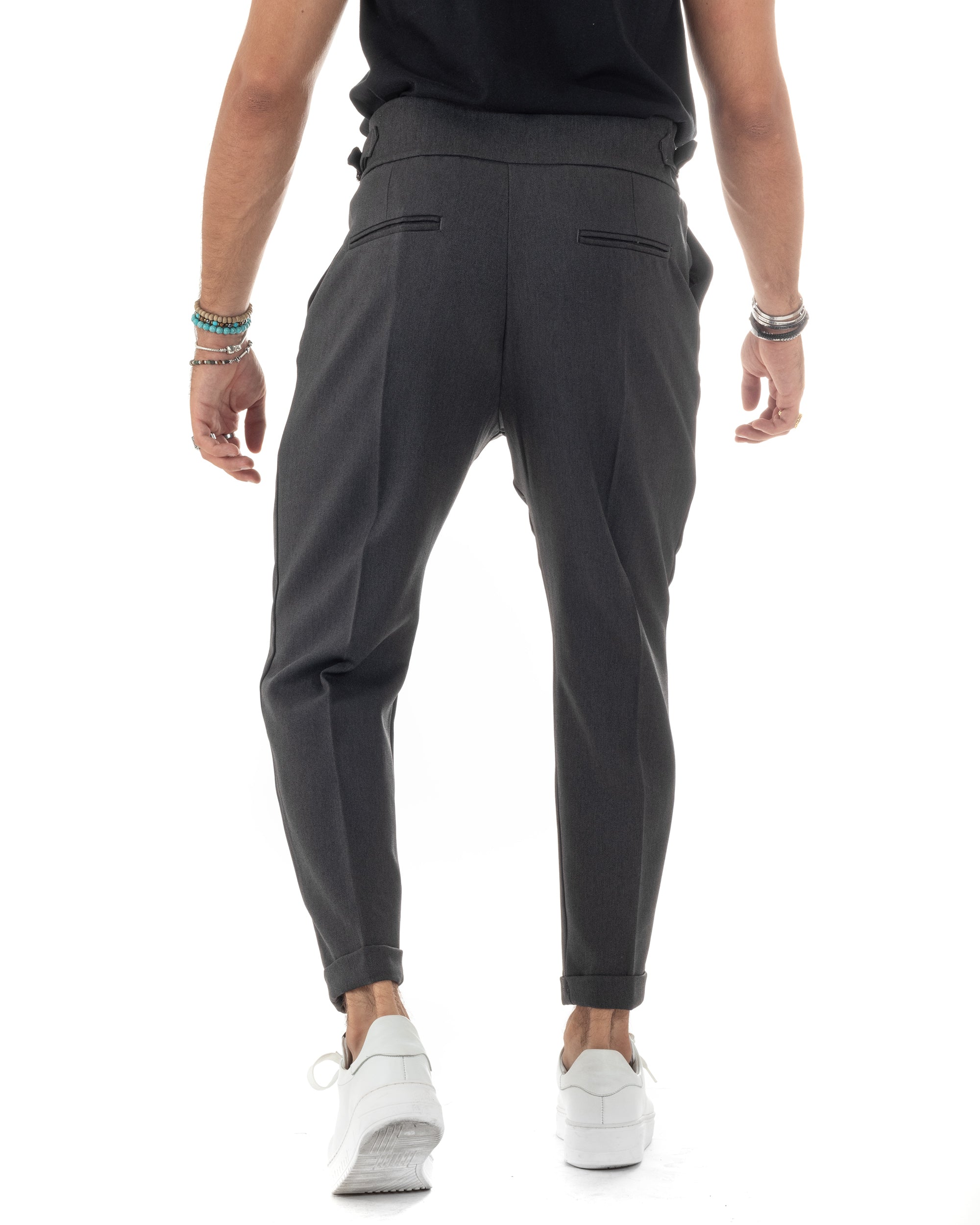 Pantaloni Uomo Classico Con Pinces Vita Alta Gurkha Pants Bustino e Fibbie Abbottonatura Allungata Nero Melangiato GIOSAL-P6131A