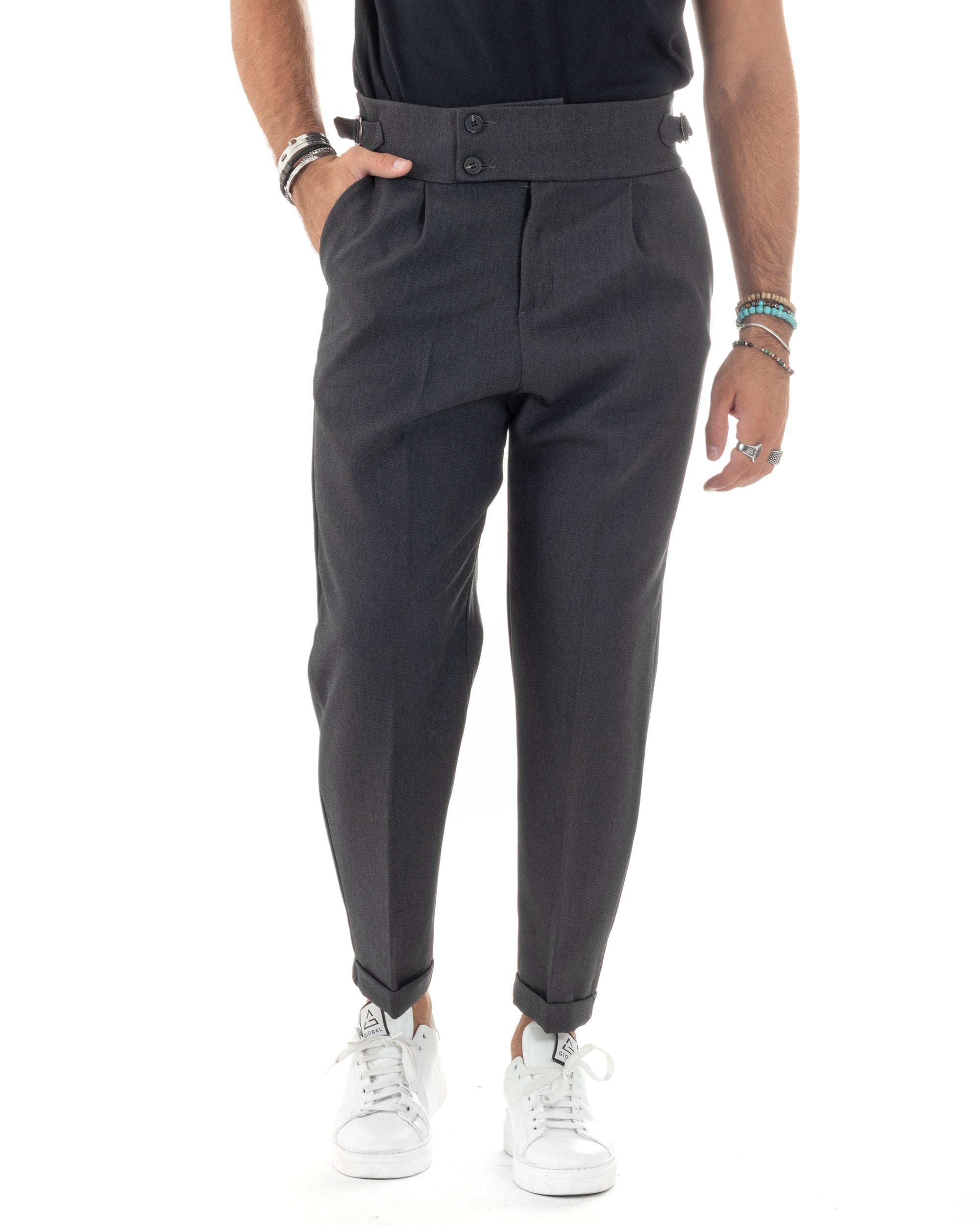 Pantaloni Uomo Classico Con Pinces Vita Alta Gurkha Pants Bustino e Fibbie Abbottonatura Allungata Nero Melangiato GIOSAL-P6131A