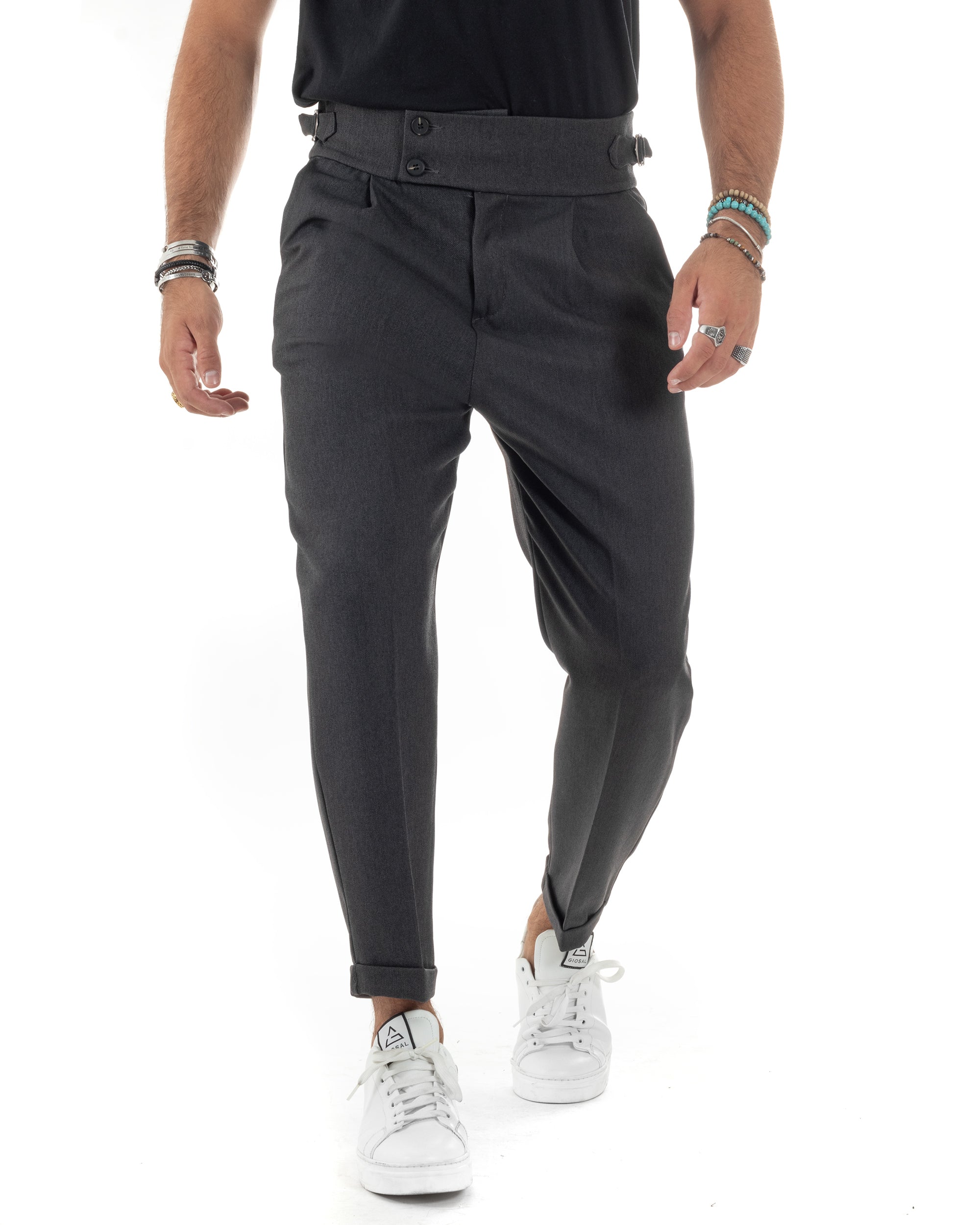 Pantaloni Uomo Classico Con Pinces Vita Alta Gurkha Pants Bustino e Fibbie Abbottonatura Allungata Nero Melangiato GIOSAL-P6131A