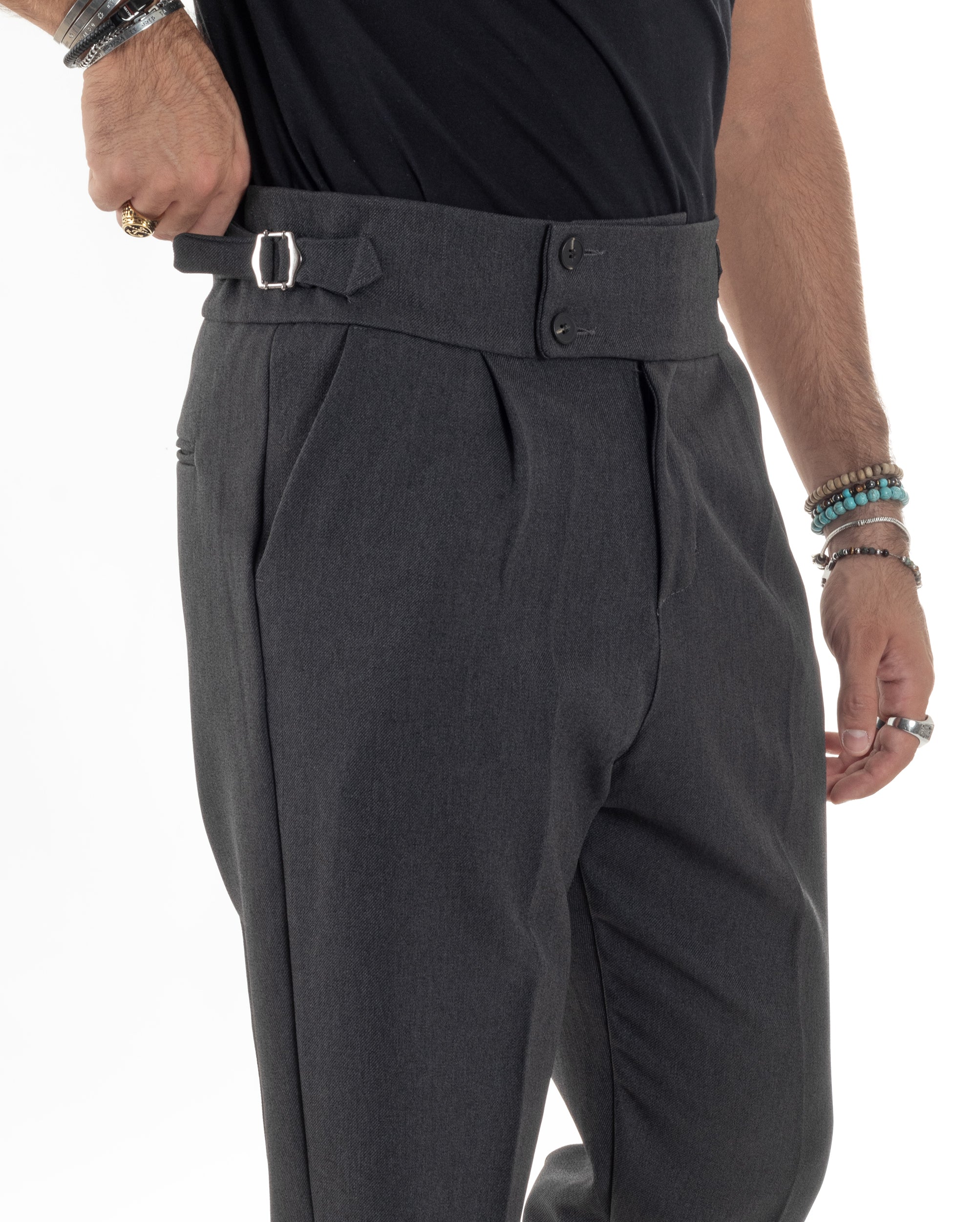 Pantaloni Uomo Classico Con Pinces Vita Alta Gurkha Pants Bustino e Fibbie Abbottonatura Allungata Nero Melangiato GIOSAL-P6131A