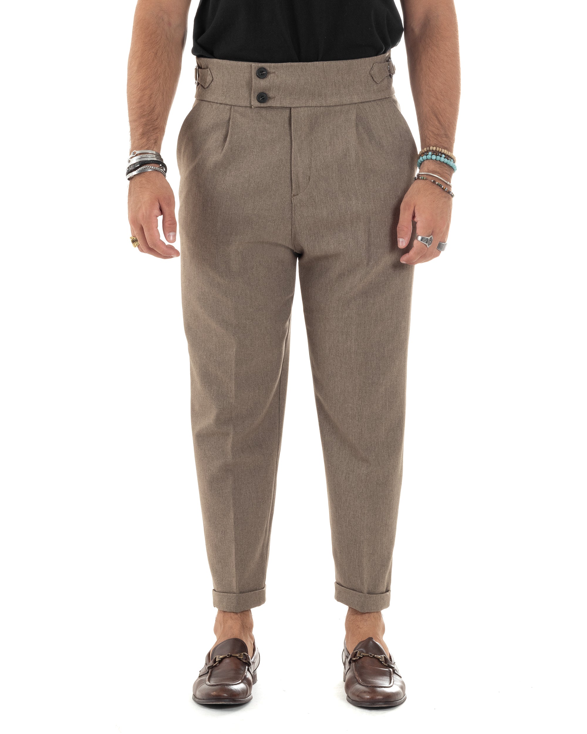 Pantaloni Uomo Classico Con Pinces Vita Alta Gurkha Pants Bustino e Fibbie Abbottonatura Allungata Beige Melangiato GIOSAL-P6132A