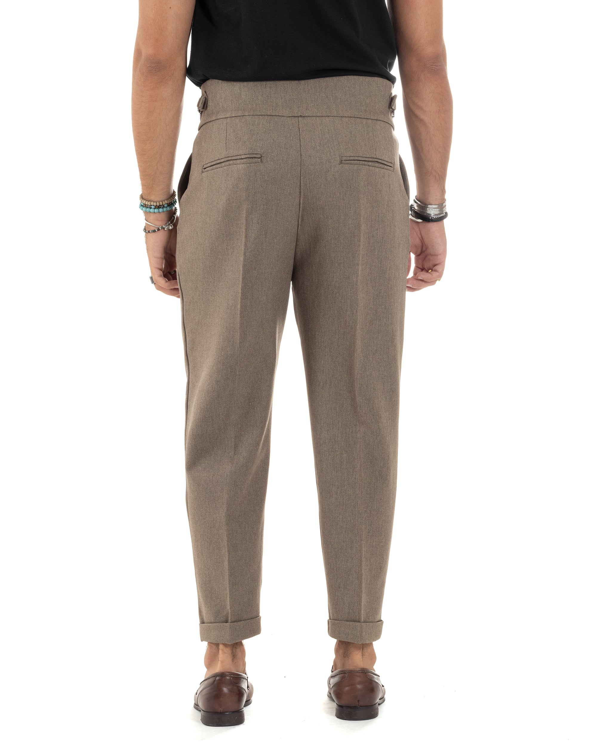 Pantaloni Uomo Classico Con Pinces Vita Alta Gurkha Pants Bustino e Fibbie Abbottonatura Allungata Beige Melangiato GIOSAL-P6132A