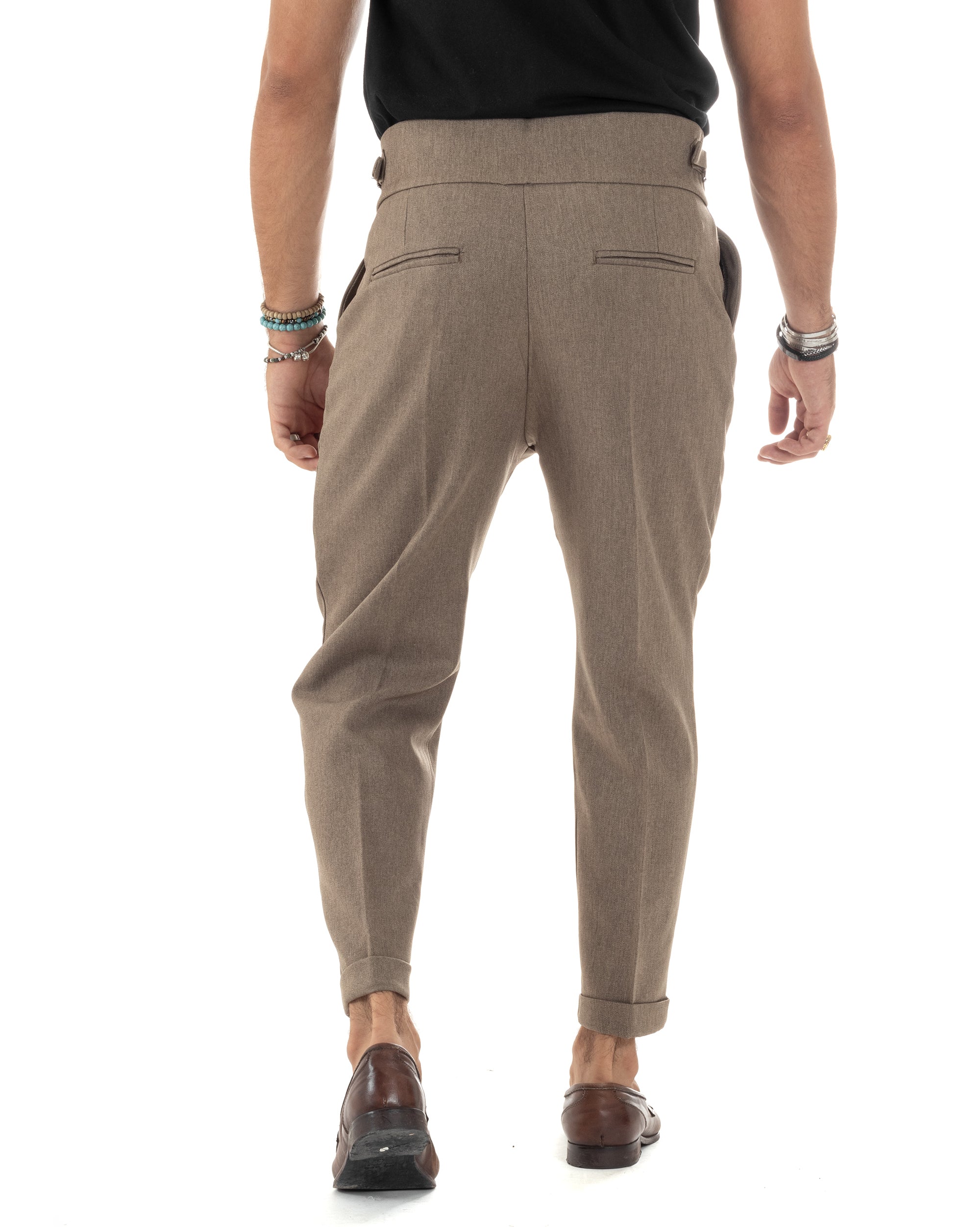 Pantaloni Uomo Classico Con Pinces Vita Alta Gurkha Pants Bustino e Fibbie Abbottonatura Allungata Beige Melangiato GIOSAL-P6132A