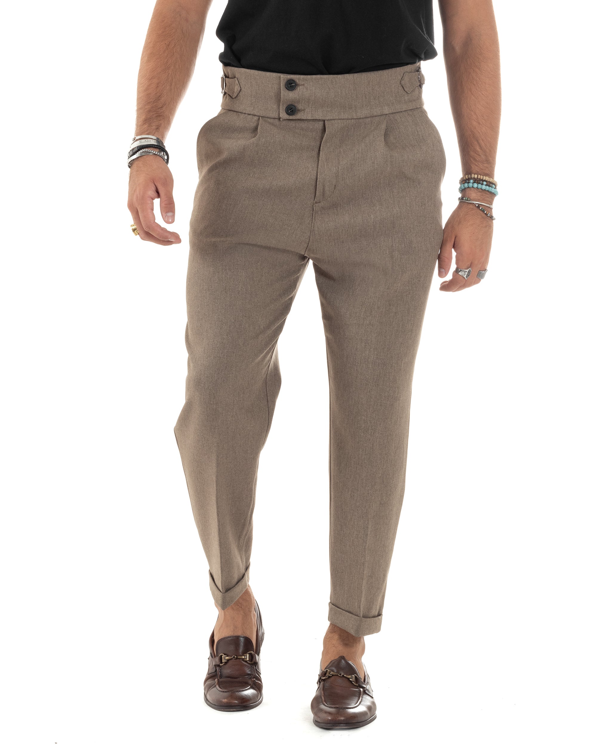 Pantaloni Uomo Classico Con Pinces Vita Alta Gurkha Pants Bustino e Fibbie Abbottonatura Allungata Beige Melangiato GIOSAL-P6132A