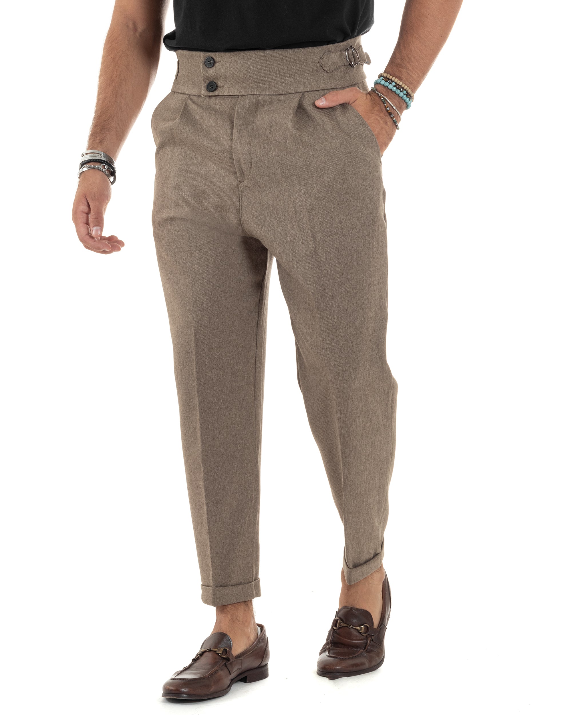 Pantaloni Uomo Classico Con Pinces Vita Alta Gurkha Pants Bustino e Fibbie Abbottonatura Allungata Beige Melangiato GIOSAL-P6132A