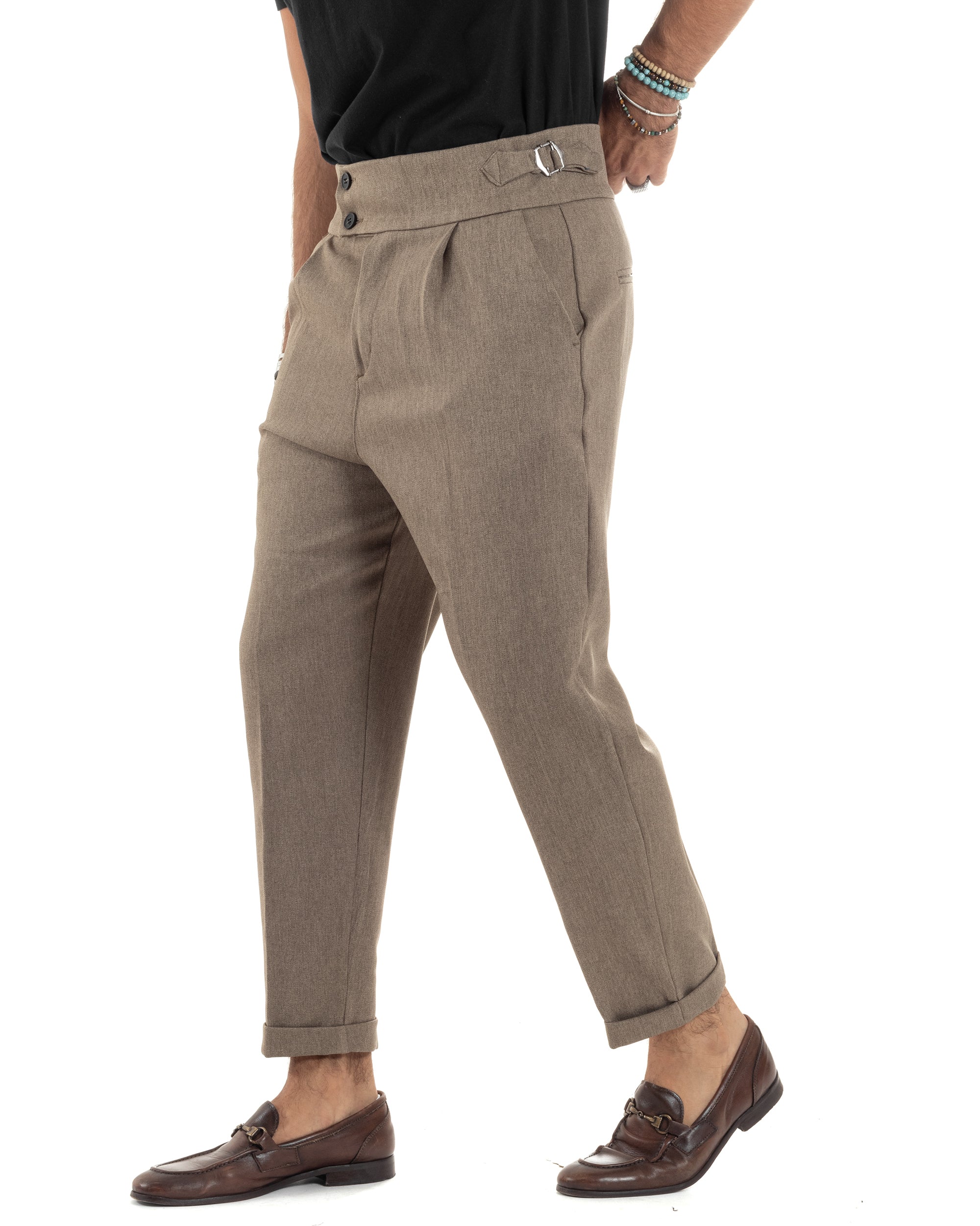 Pantaloni Uomo Classico Con Pinces Vita Alta Gurkha Pants Bustino e Fibbie Abbottonatura Allungata Beige Melangiato GIOSAL-P6132A