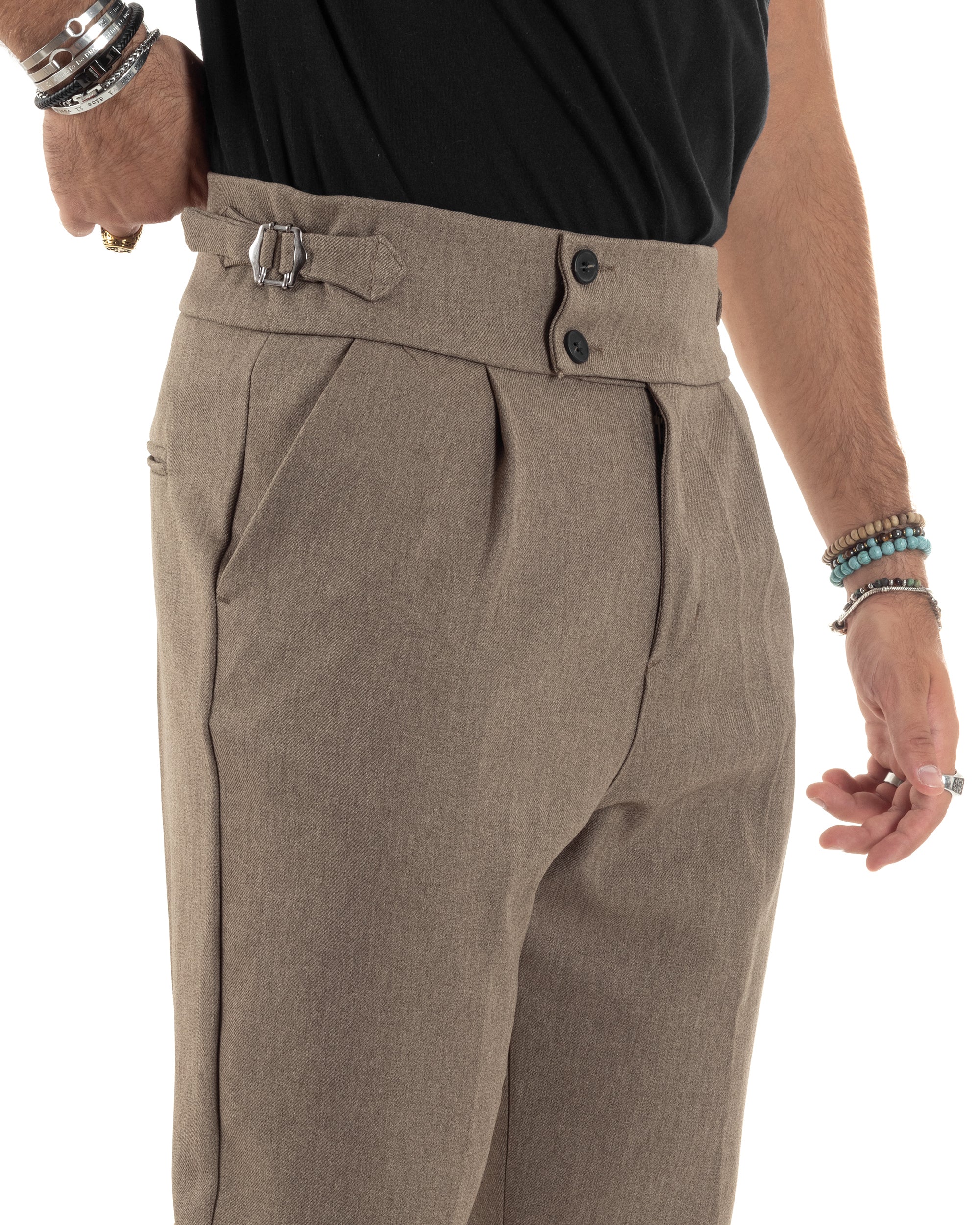 Pantaloni Uomo Classico Con Pinces Vita Alta Gurkha Pants Bustino e Fibbie Abbottonatura Allungata Beige Melangiato GIOSAL-P6132A