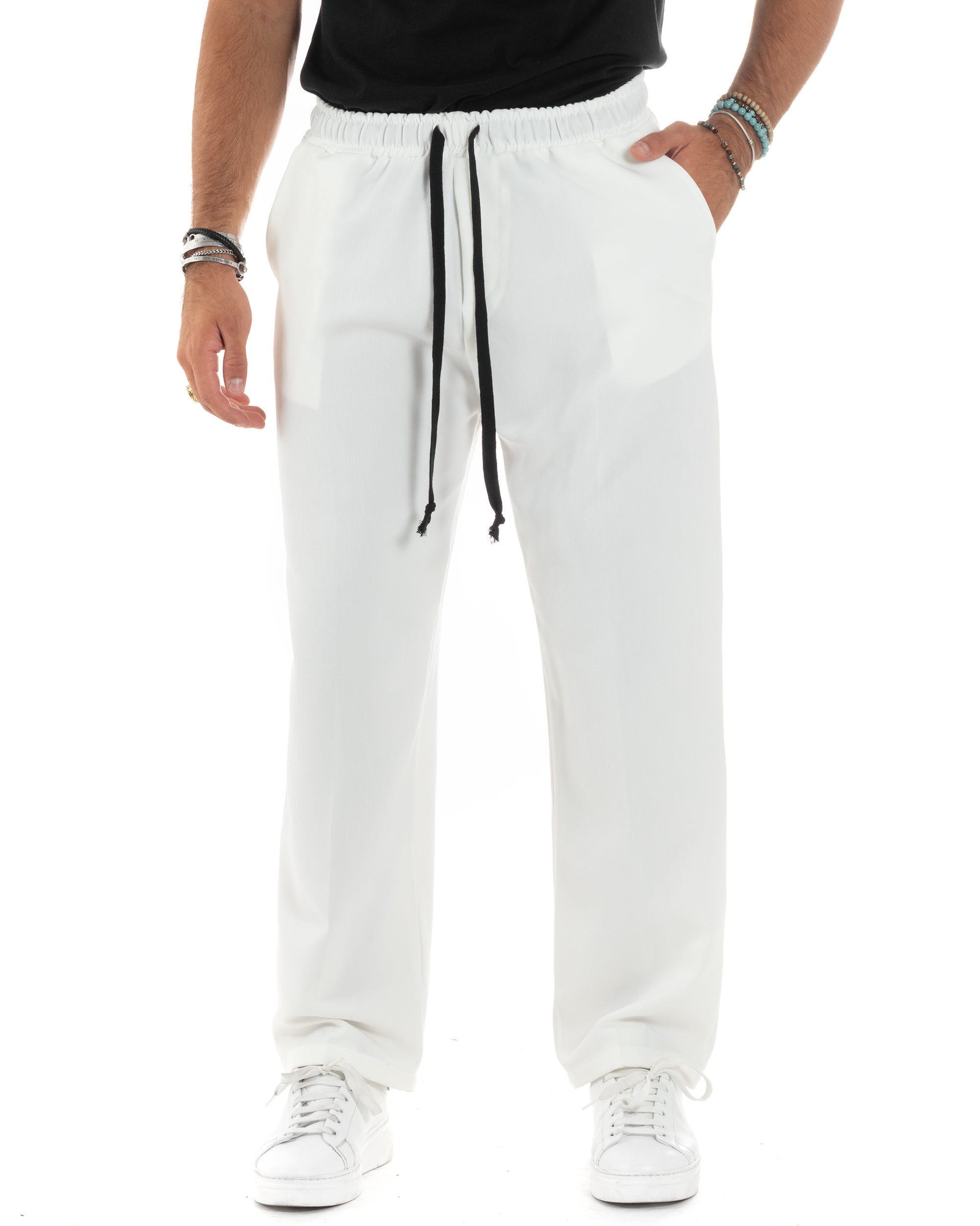 Pantalaccio Uomo Pantaloni Con Coulisse Morbido Viscosa Baggy Fondo Largo Comodo Panna GIOSAL-P6133A