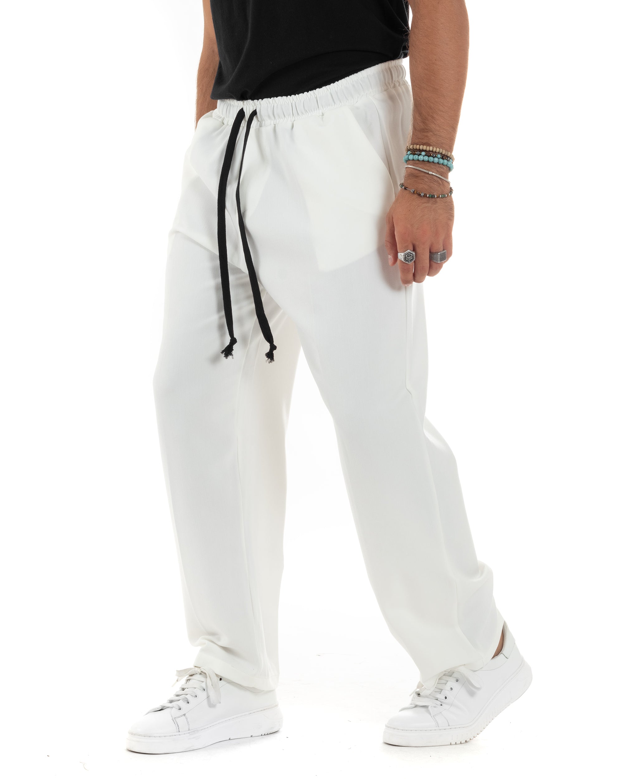 Pantalaccio Uomo Pantaloni Con Coulisse Morbido Viscosa Baggy Fondo Largo Comodo Panna GIOSAL-P6133A