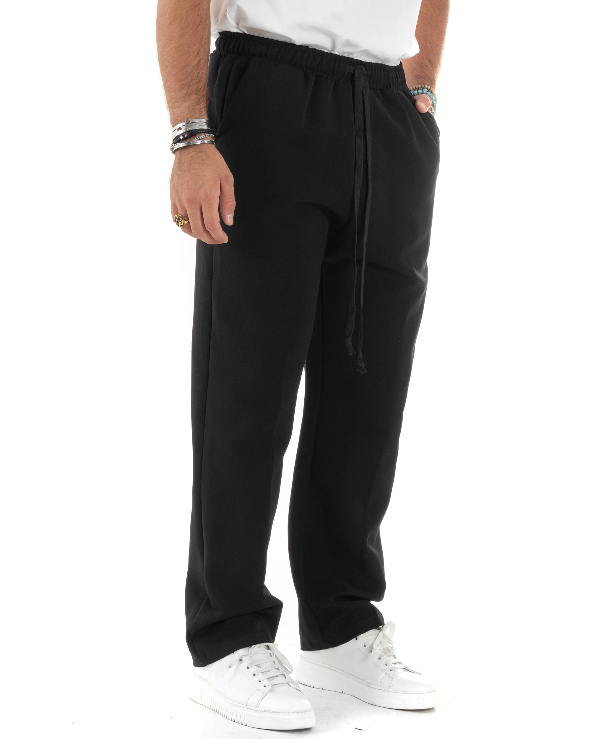 Pantalaccio Uomo Pantaloni Con Coulisse Morbido Viscosa Baggy Fondo Largo Comodo Nero GIOSAL-P6134A