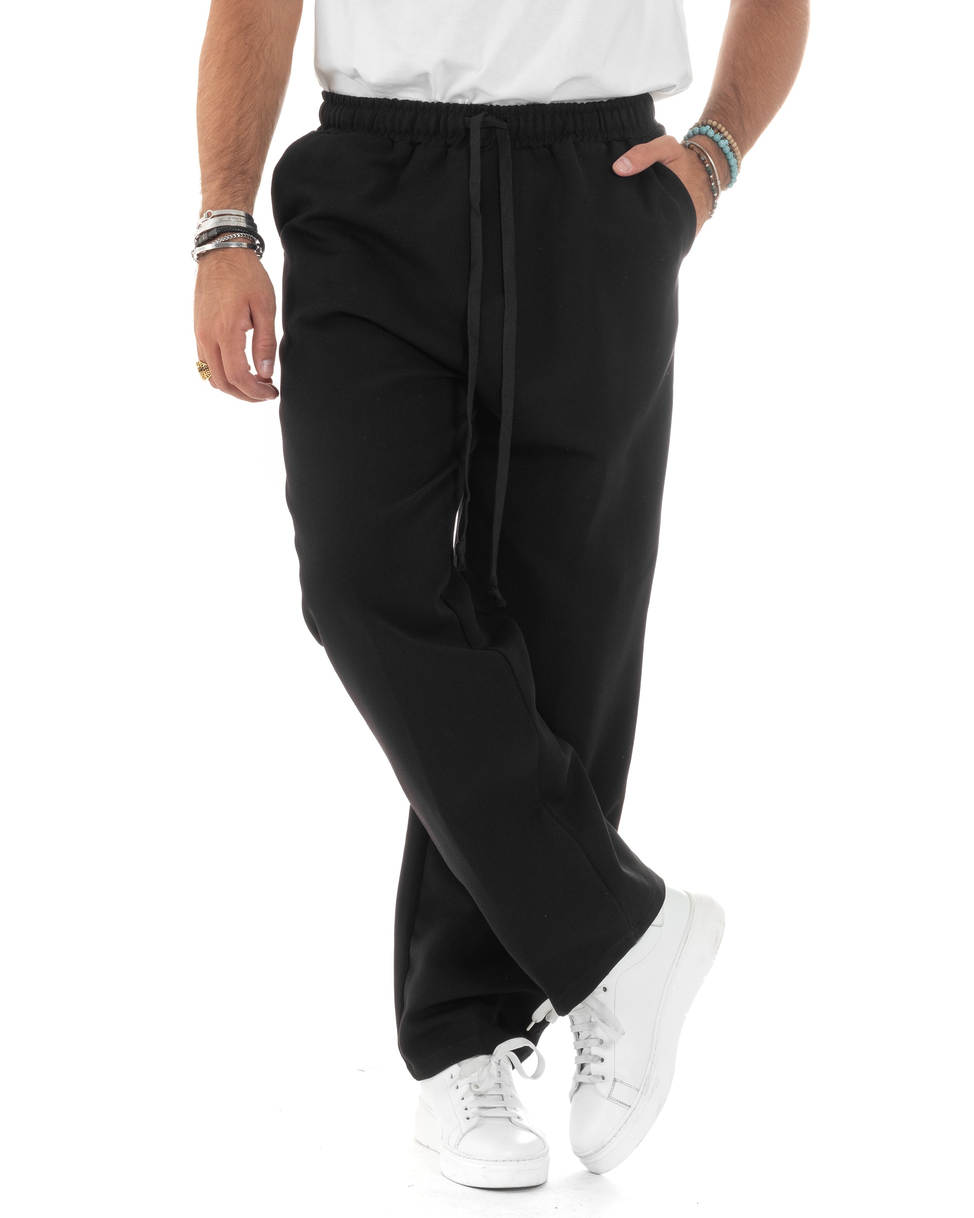 Pantalaccio Uomo Pantaloni Con Coulisse Morbido Viscosa Baggy Fondo Largo Comodo Nero GIOSAL-P6134A