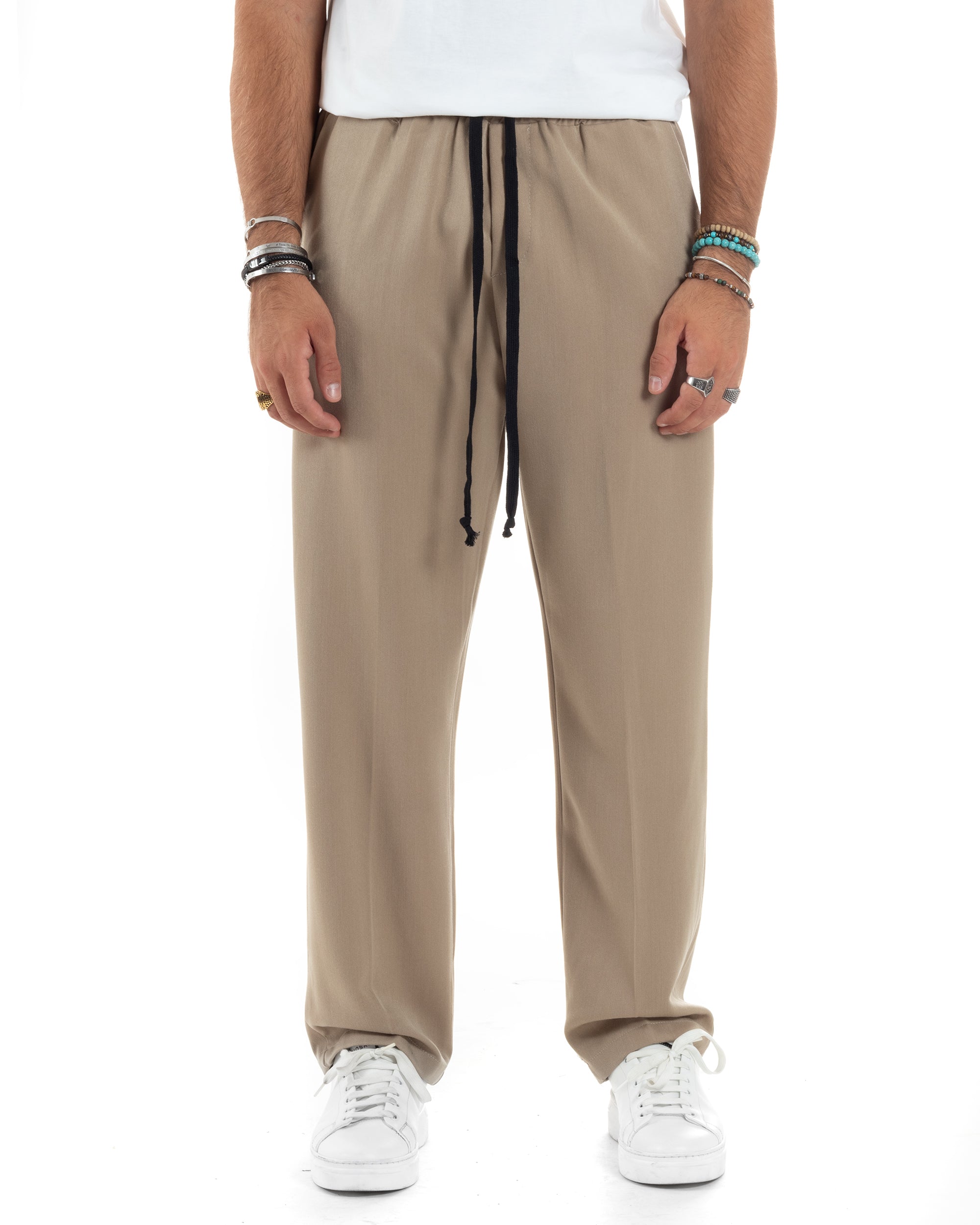 Pantalaccio Uomo Pantaloni Con Coulisse Morbido Viscosa Baggy Fondo Largo Comodo Beige GIOSAL-P6135A