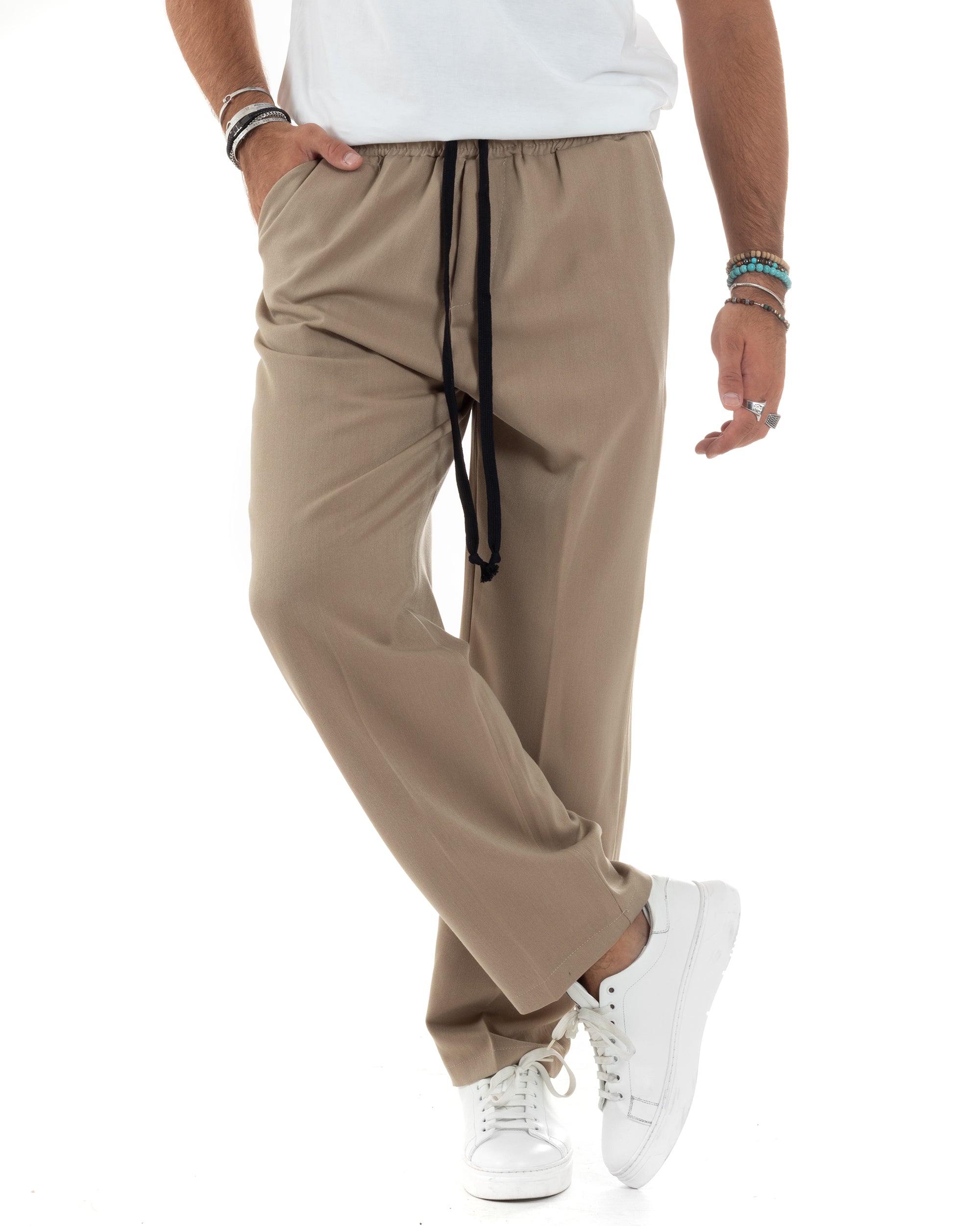 Pantalaccio Uomo Pantaloni Con Coulisse Morbido Viscosa Baggy Fondo Largo Comodo Beige GIOSAL-P6135A