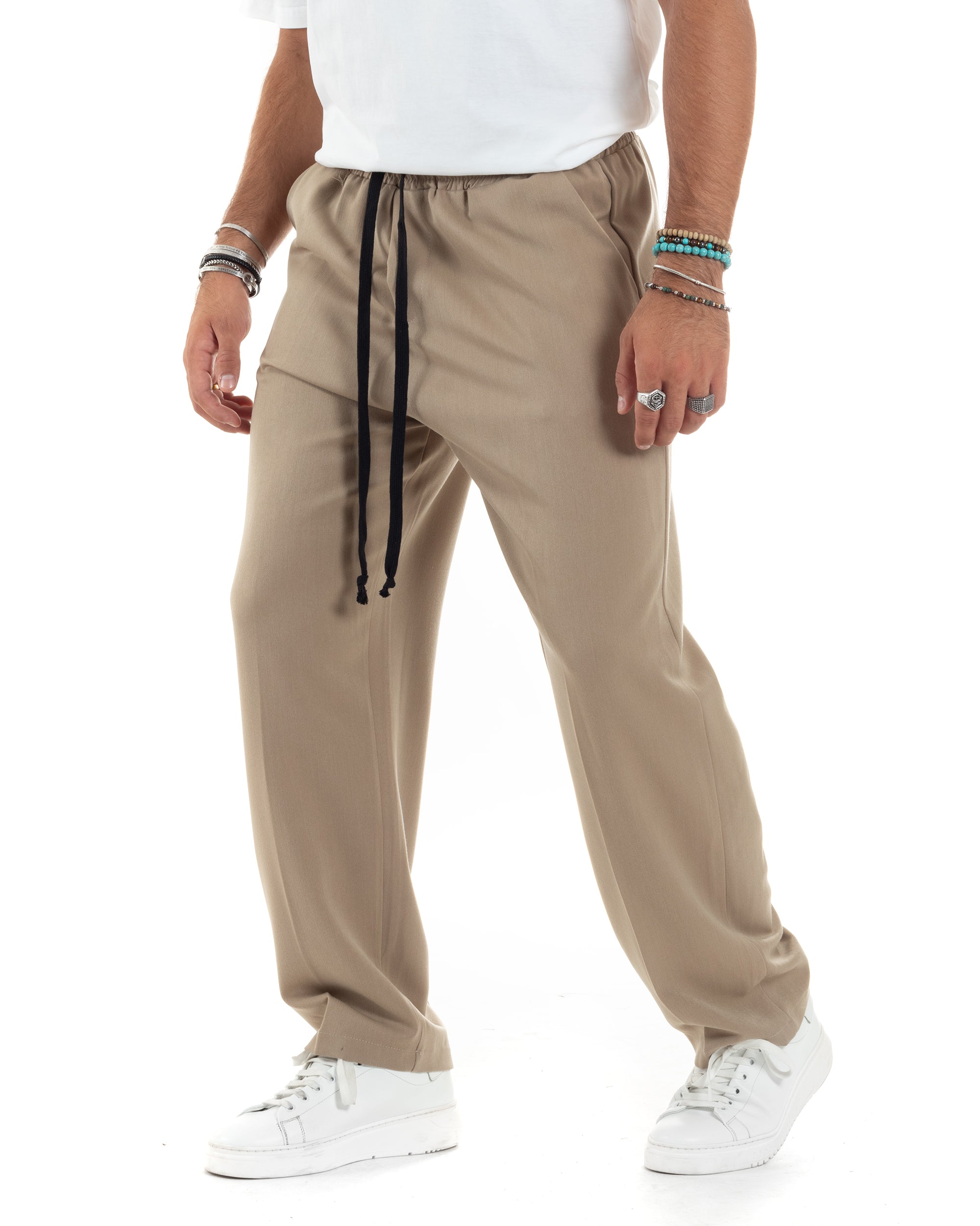 Pantalaccio Uomo Pantaloni Con Coulisse Morbido Viscosa Baggy Fondo Largo Comodo Beige GIOSAL-P6135A