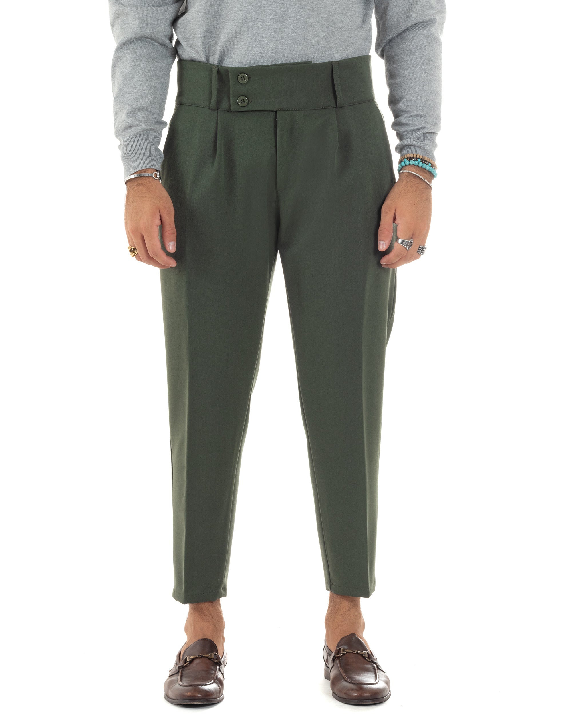 Pantaloni Uomo Viscosa Vita Alta Con Pinces Classico Bustino Abbottonatura Allungata Casual Verde GIOSAL-P6136A