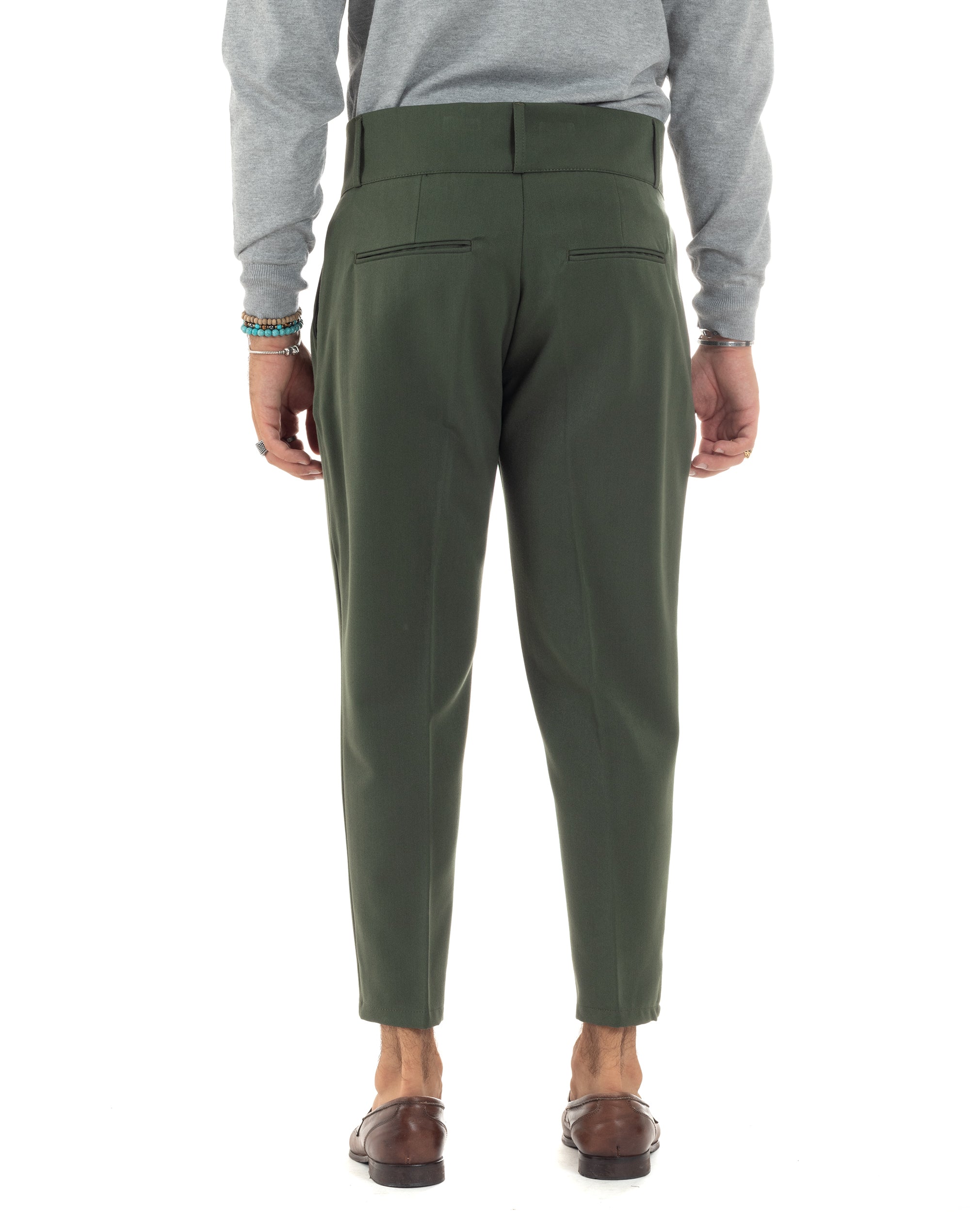 Pantaloni Uomo Viscosa Vita Alta Con Pinces Classico Bustino Abbottonatura Allungata Casual Verde GIOSAL-P6136A