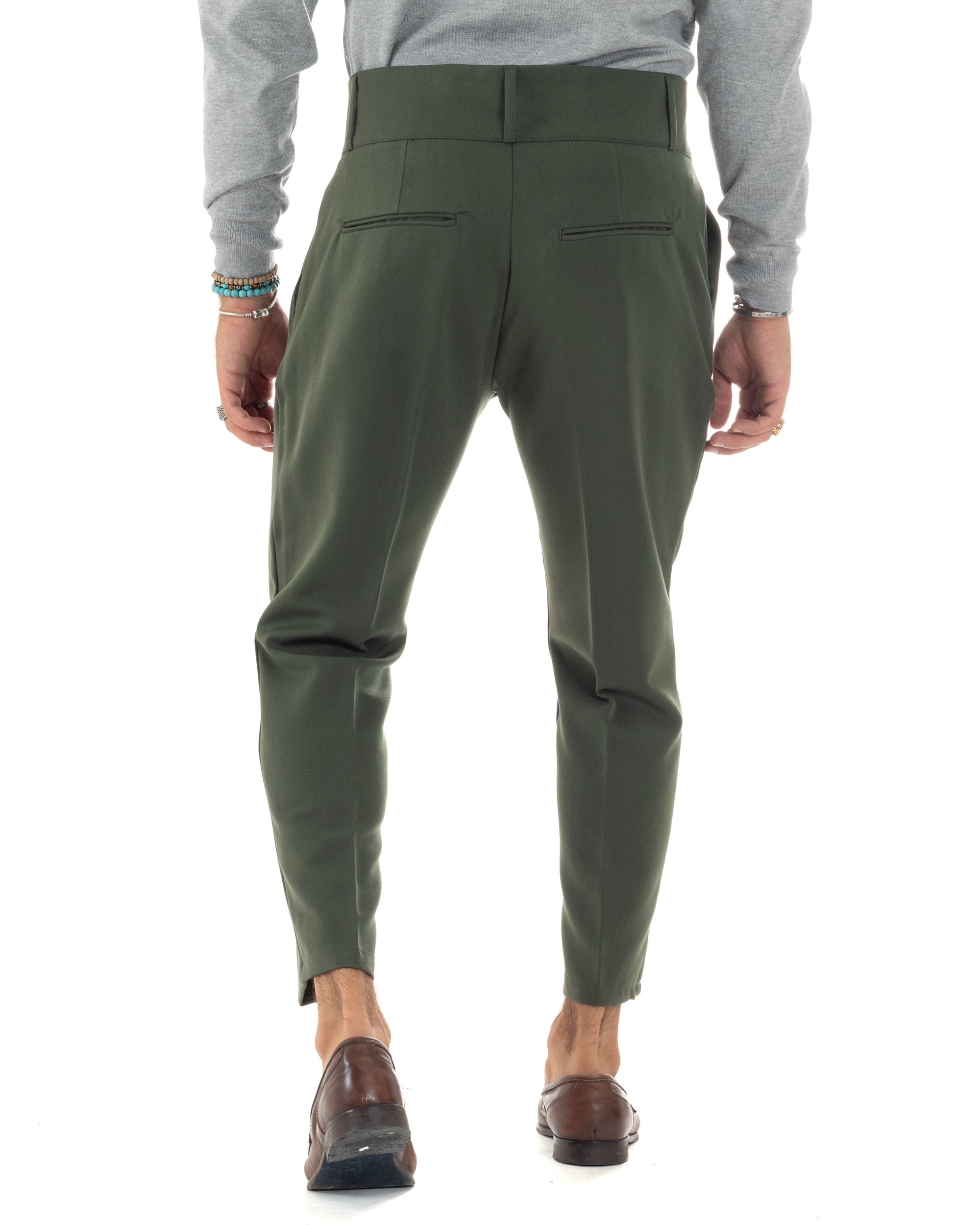 Pantaloni Uomo Viscosa Vita Alta Con Pinces Classico Bustino Abbottonatura Allungata Casual Verde GIOSAL-P6136A