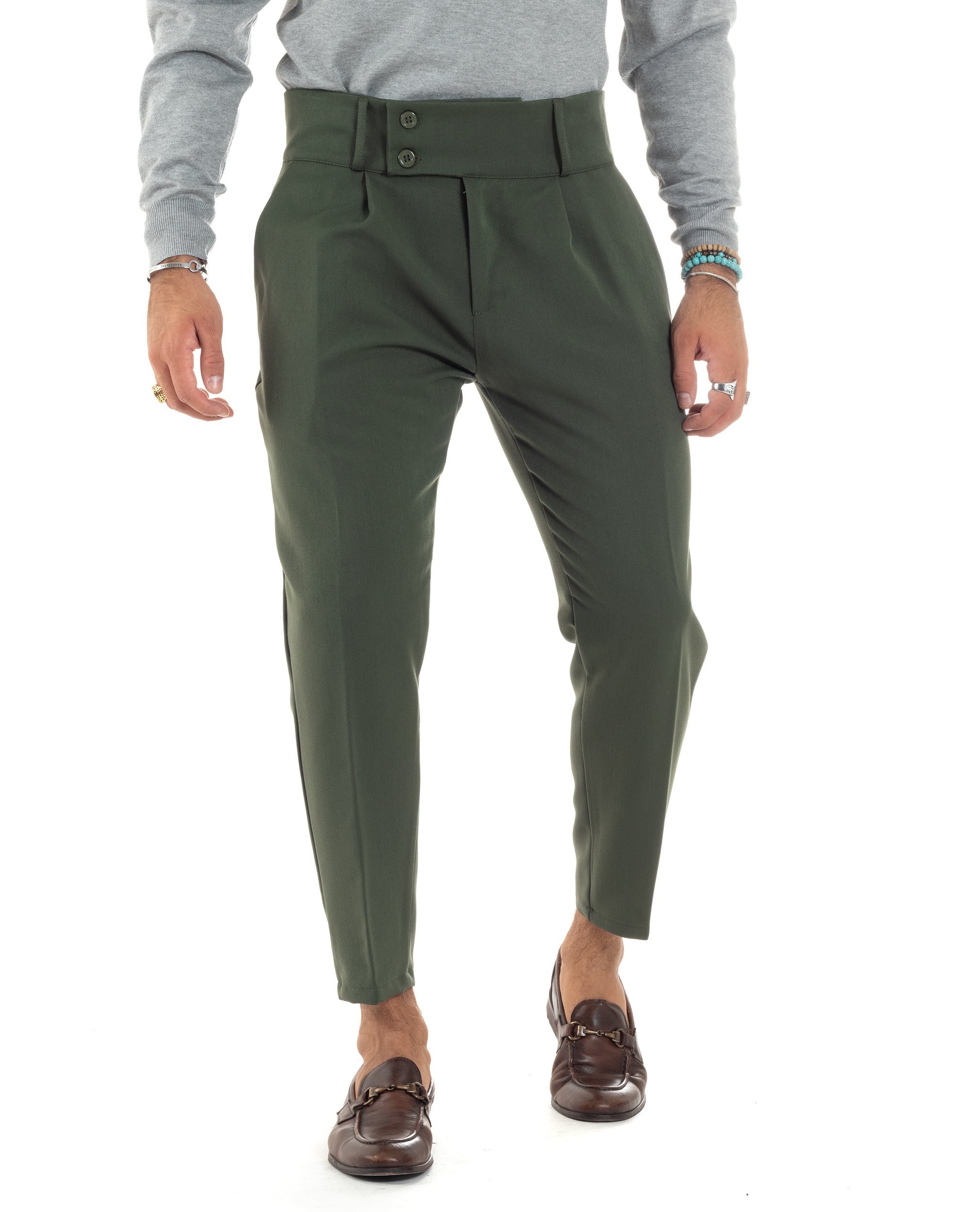 Pantaloni Uomo Viscosa Vita Alta Con Pinces Classico Bustino Abbottonatura Allungata Casual Verde GIOSAL-P6136A