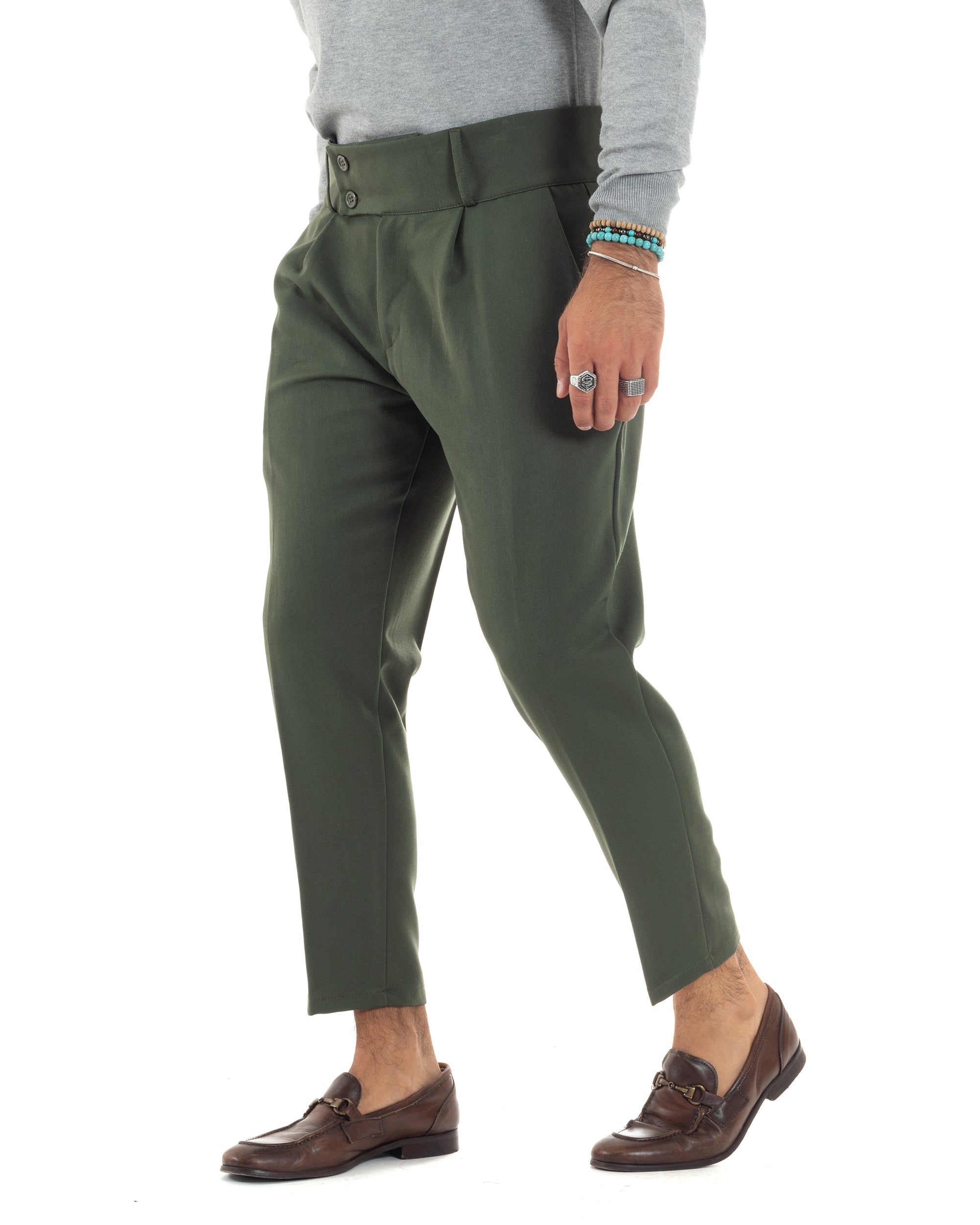 Pantaloni Uomo Viscosa Vita Alta Con Pinces Classico Bustino Abbottonatura Allungata Casual Verde GIOSAL-P6136A