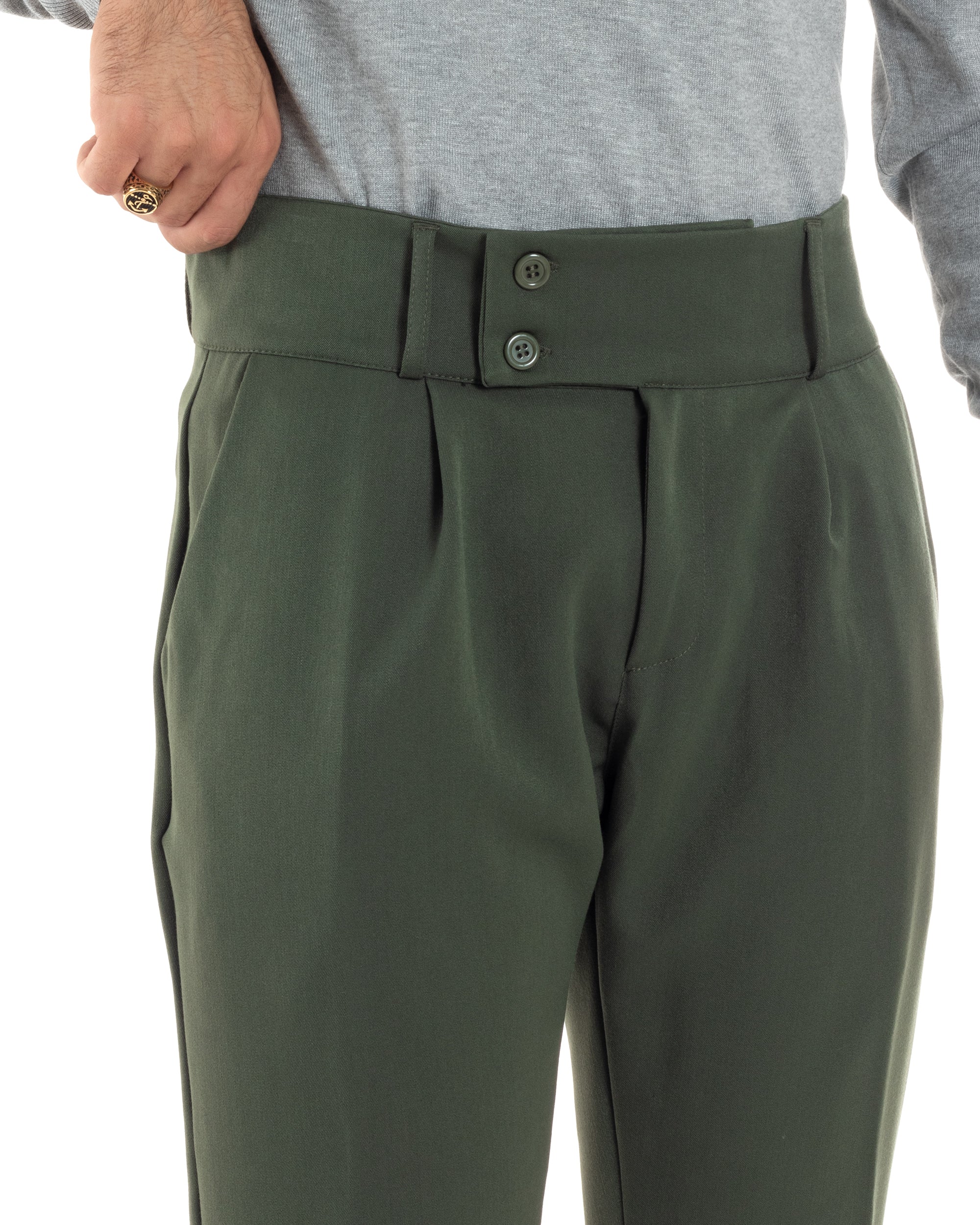 Pantaloni Uomo Viscosa Vita Alta Con Pinces Classico Bustino Abbottonatura Allungata Casual Verde GIOSAL-P6136A