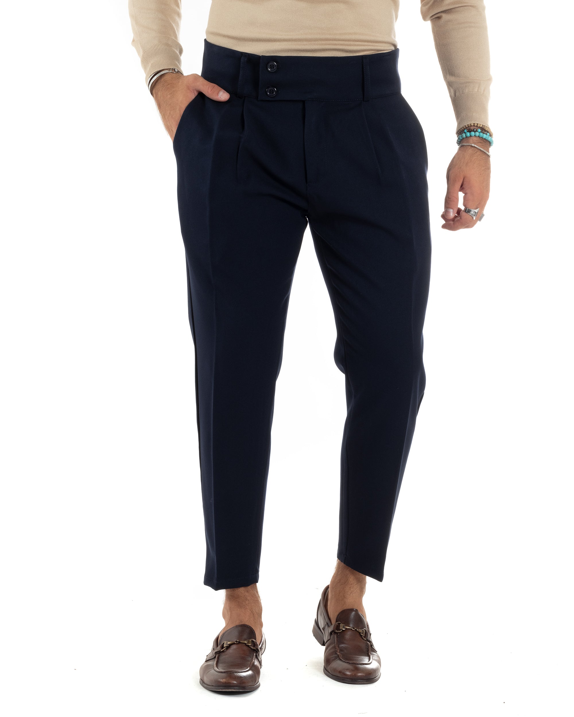 Pantaloni Uomo Viscosa Vita Alta Con Pinces Classico Bustino Abbottonatura Allungata Casual Blu GIOSAL-P6137A