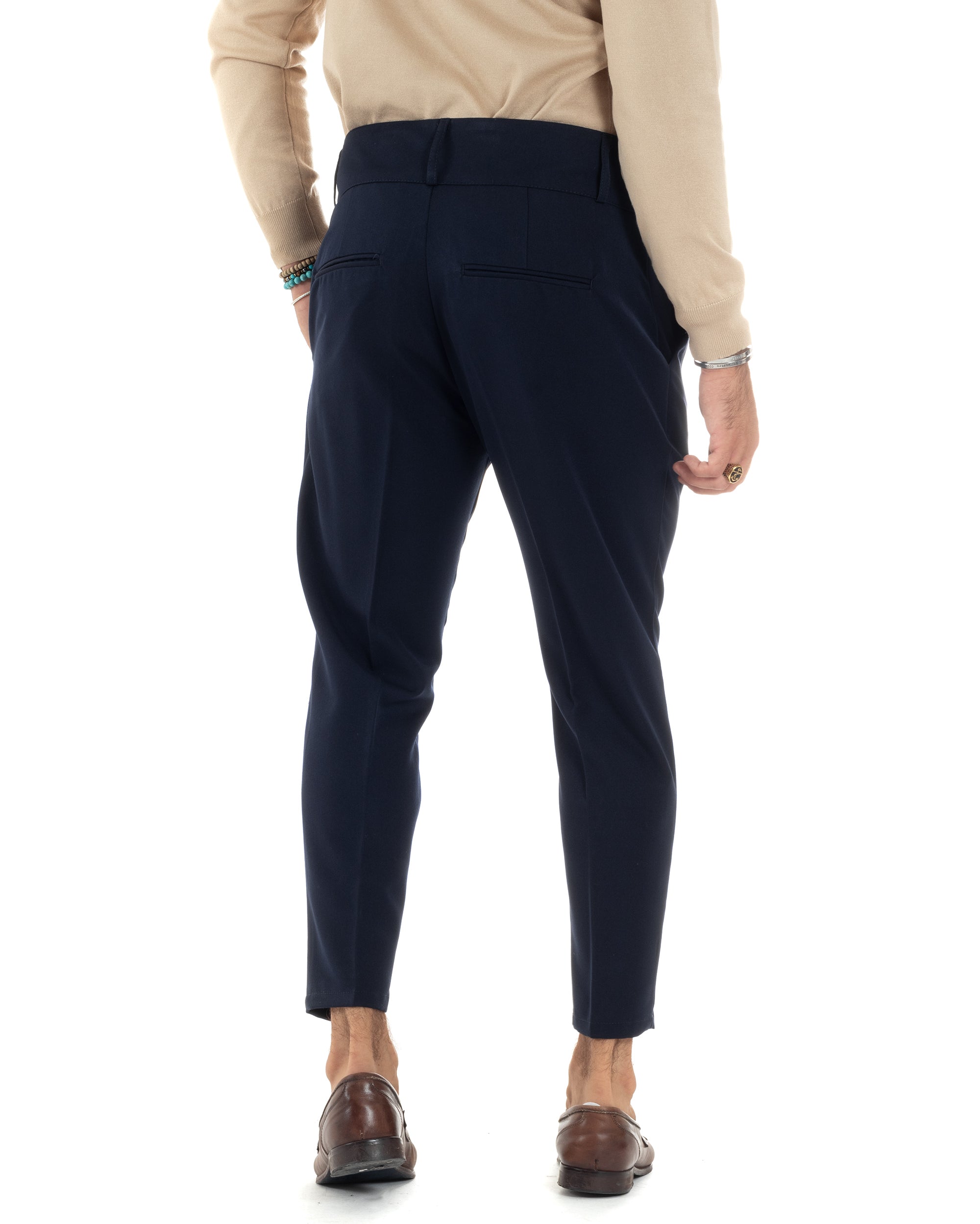 Pantaloni Uomo Viscosa Vita Alta Con Pinces Classico Bustino Abbottonatura Allungata Casual Blu GIOSAL-P6137A