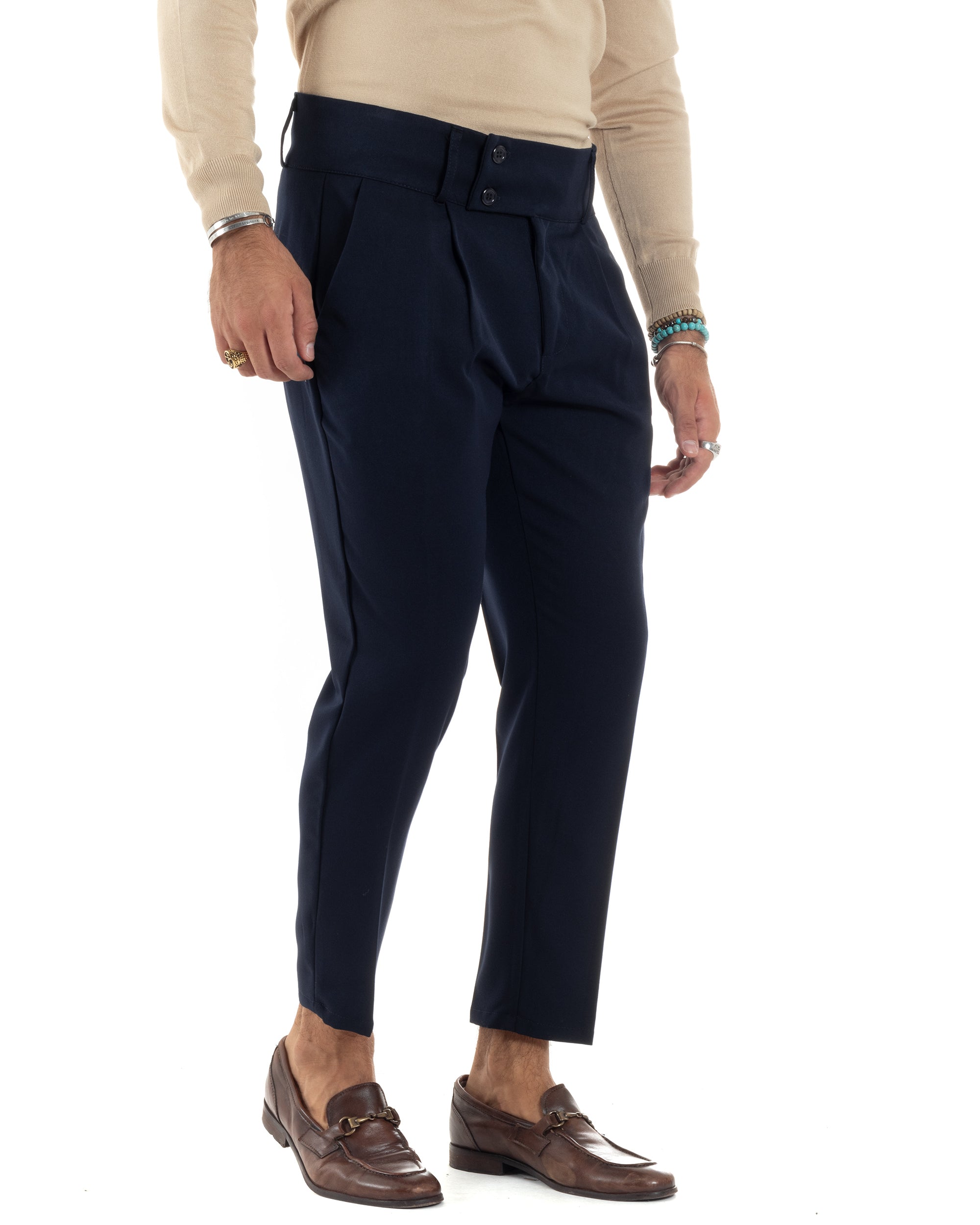 Pantaloni Uomo Viscosa Vita Alta Con Pinces Classico Bustino Abbottonatura Allungata Casual Blu GIOSAL-P6137A