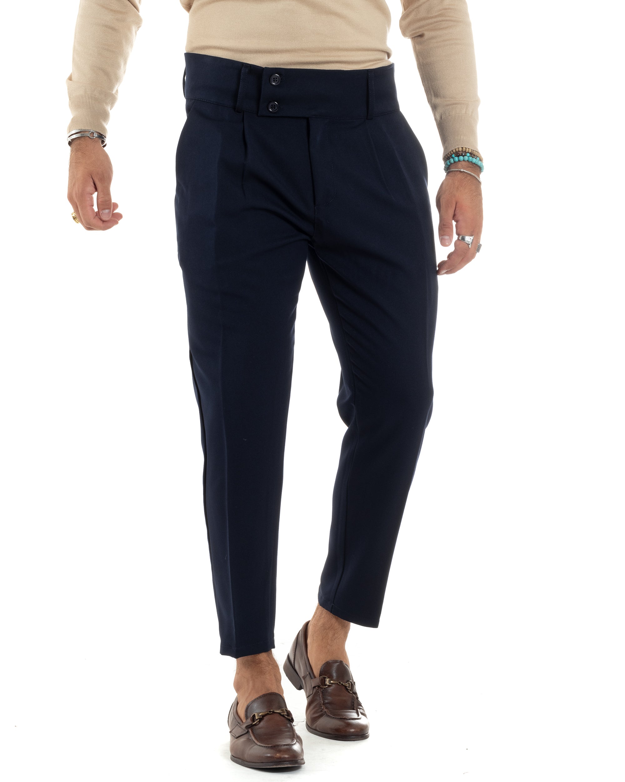 Pantaloni Uomo Viscosa Vita Alta Con Pinces Classico Bustino Abbottonatura Allungata Casual Blu GIOSAL-P6137A