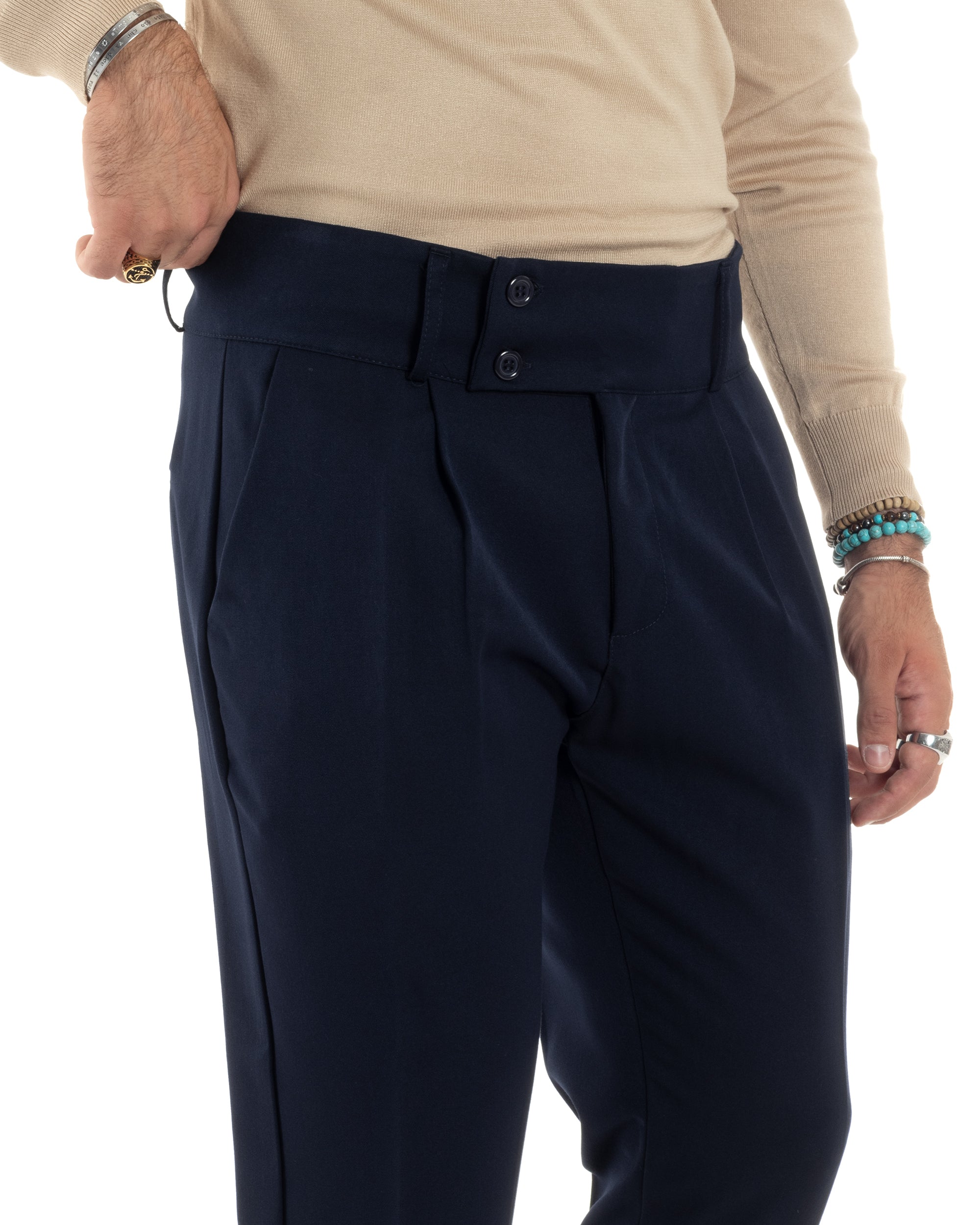 Pantaloni Uomo Viscosa Vita Alta Con Pinces Classico Bustino Abbottonatura Allungata Casual Blu GIOSAL-P6137A