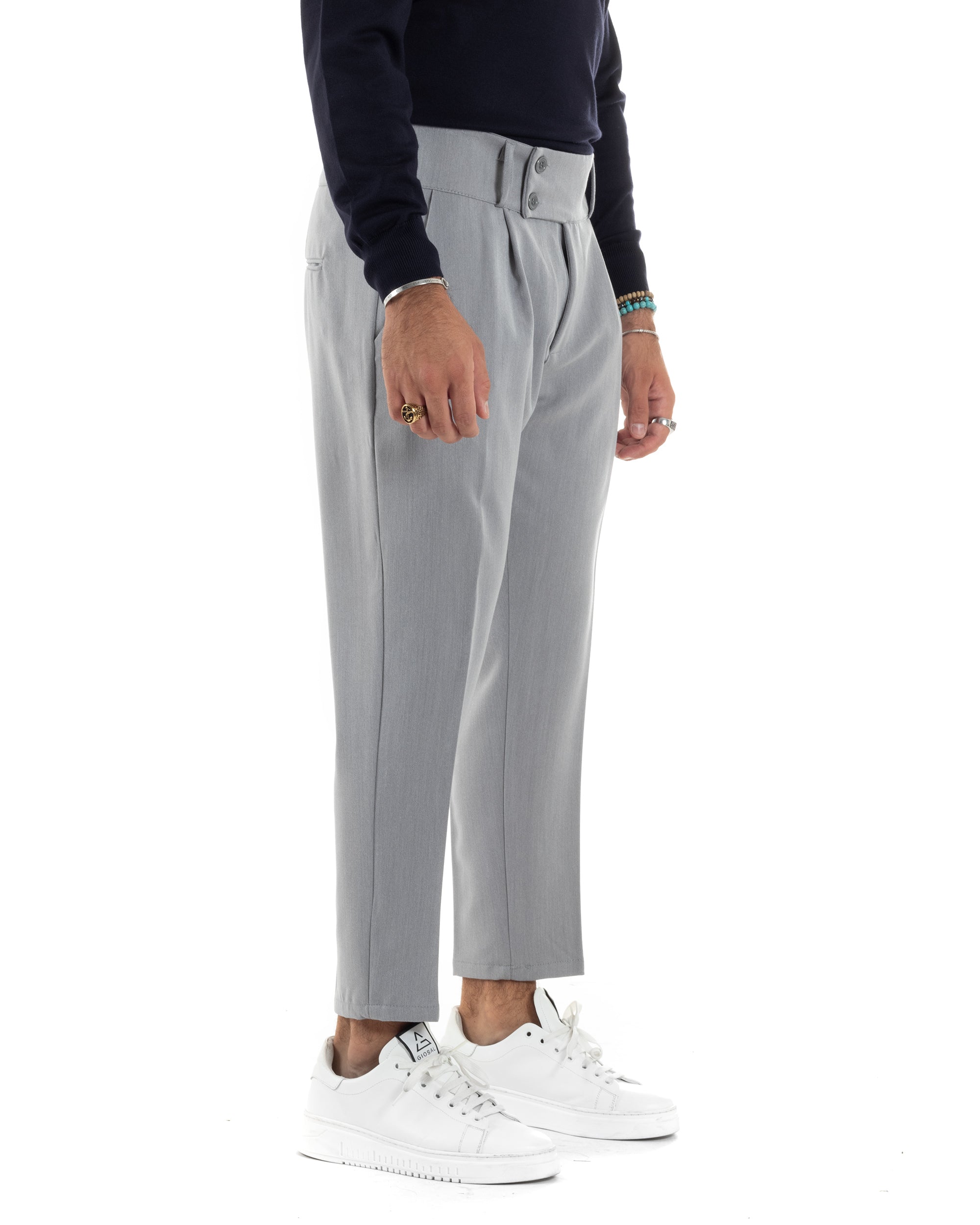 Pantaloni Uomo Viscosa Vita Alta Con Pinces Classico Bustino Abbottonatura Allungata Casual Grigio GIOSAL-P6138A