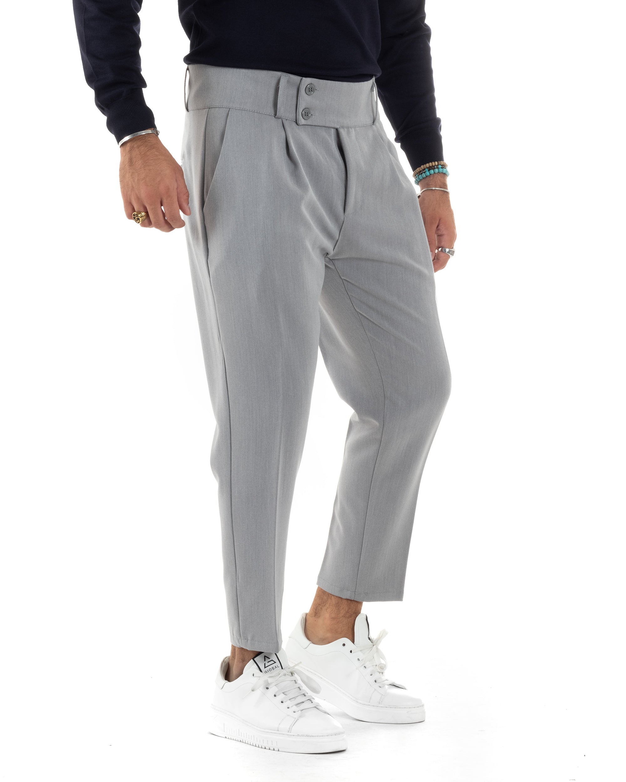 Pantaloni Uomo Viscosa Vita Alta Con Pinces Classico Bustino Abbottonatura Allungata Casual Grigio GIOSAL-P6138A