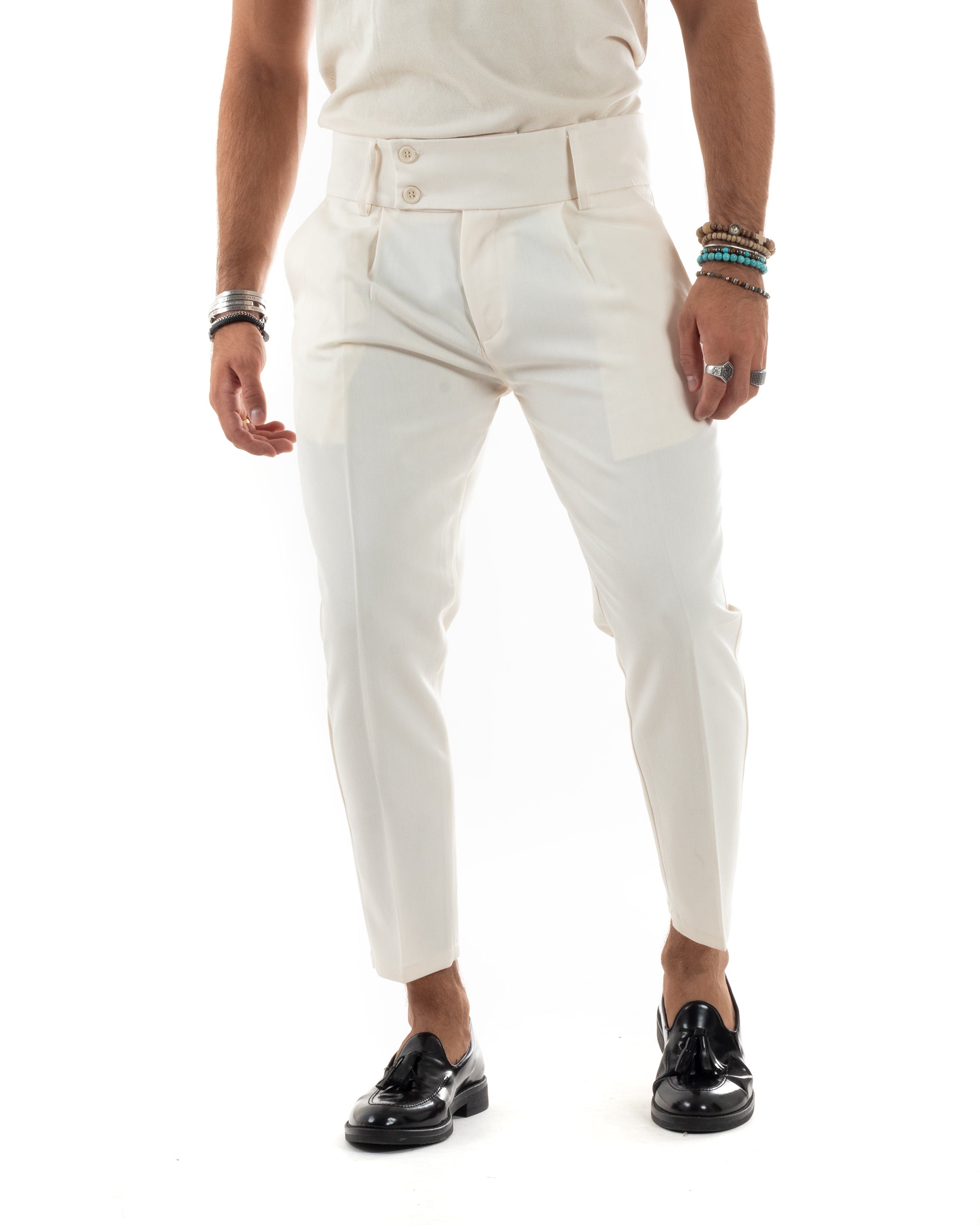 Pantaloni Uomo Viscosa Vita Alta Con Pinces Classico Bustino Abbottonatura Allungata Casual Panna GIOSAL-P6139A