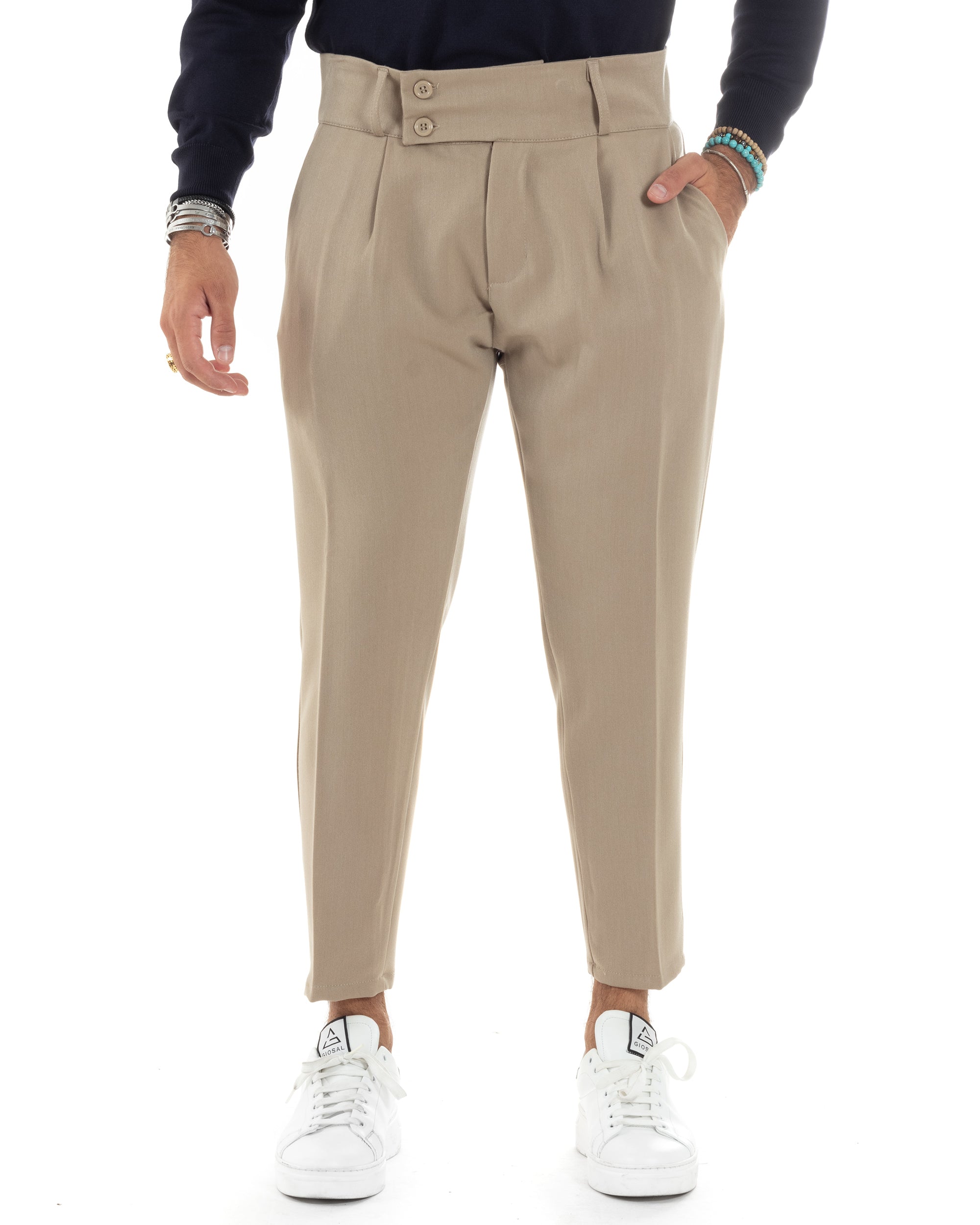 Pantaloni Uomo Viscosa Vita Alta Con Pinces Classico Bustino Abbottonatura Allungata Casual Beige GIOSAL-P6140A