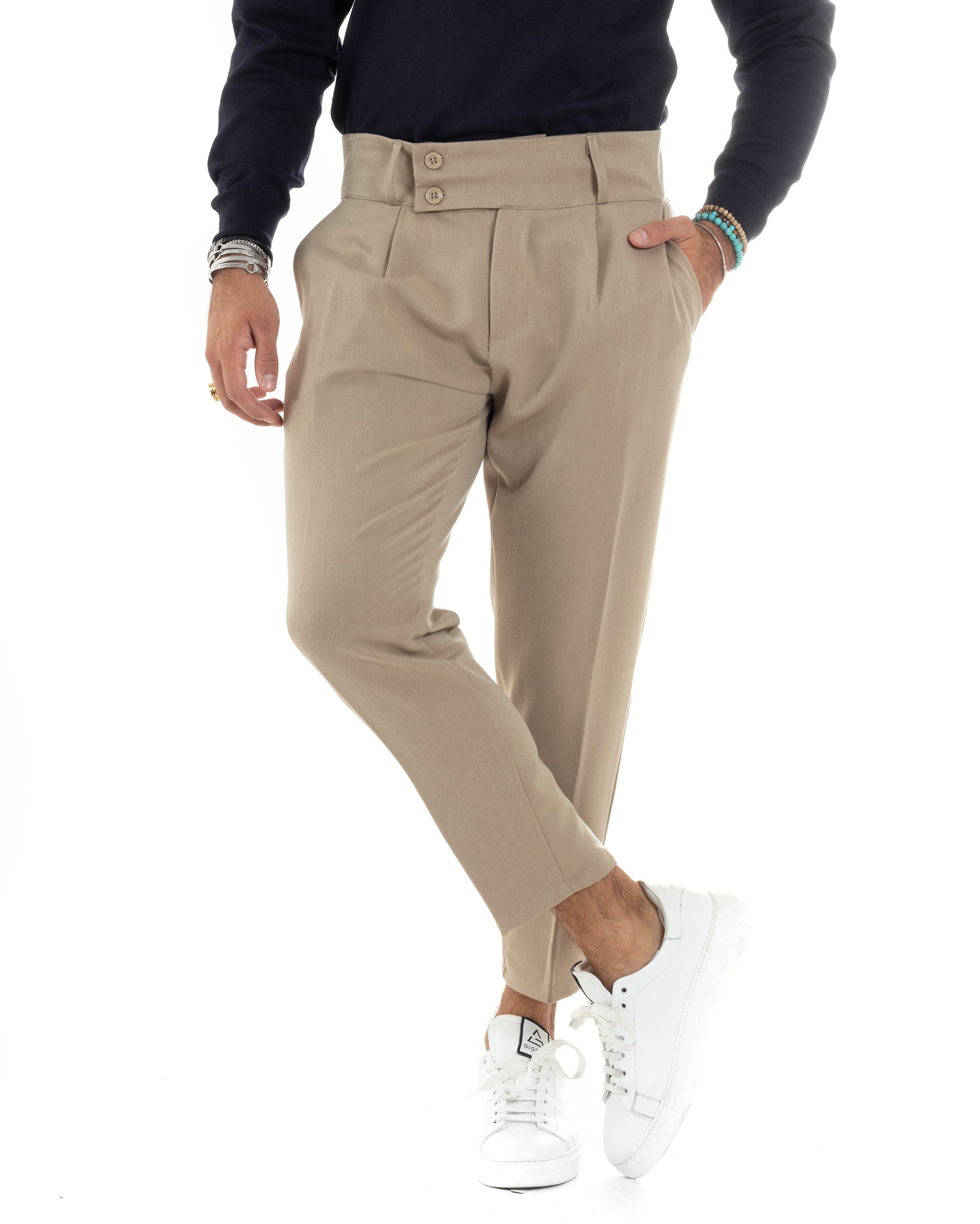 Pantaloni Uomo Viscosa Vita Alta Con Pinces Classico Bustino Abbottonatura Allungata Casual Beige GIOSAL-P6140A