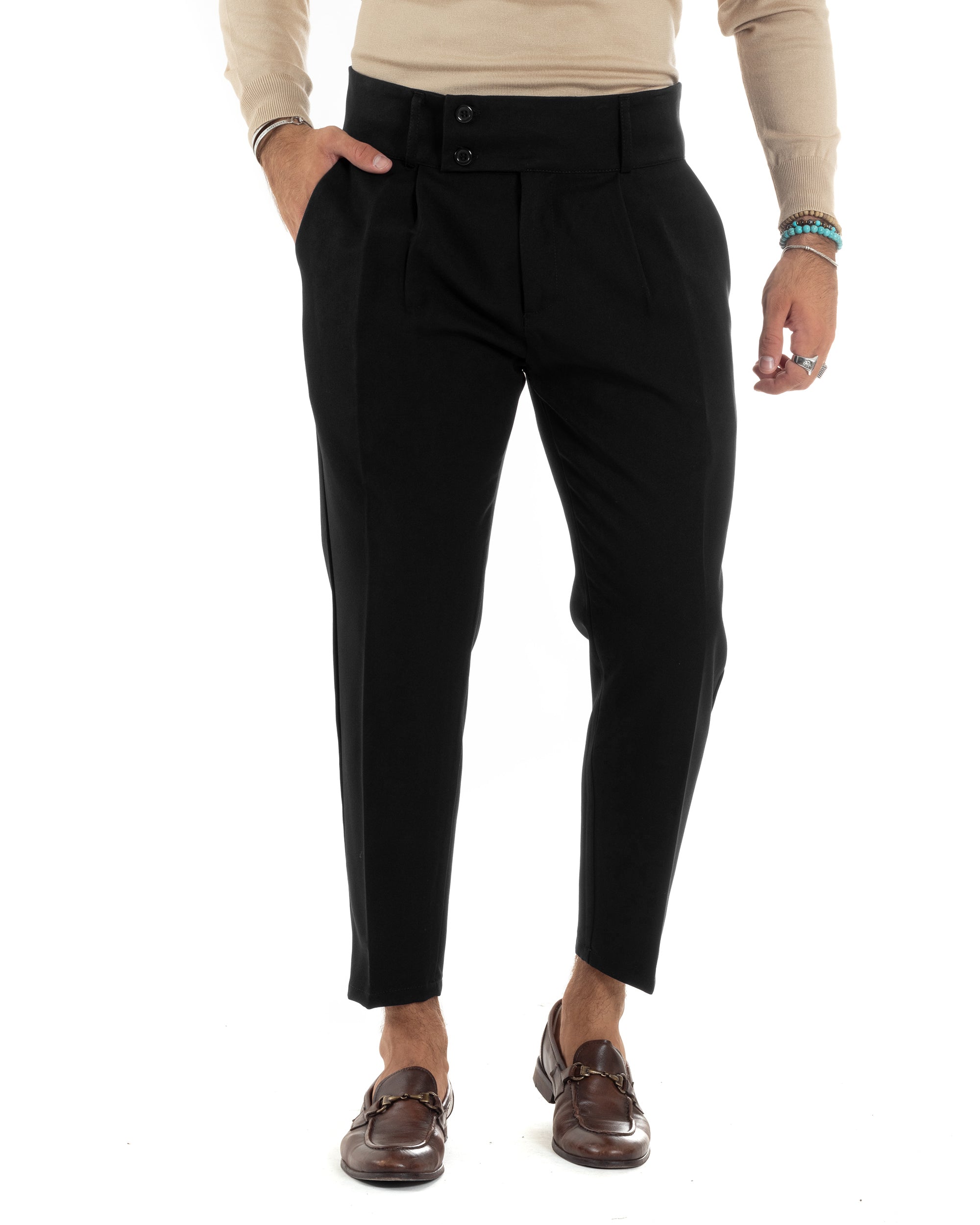 Pantaloni Uomo Viscosa Vita Alta Con Pinces Classico Bustino Abbottonatura Allungata Casual Nero GIOSAL-P6141A