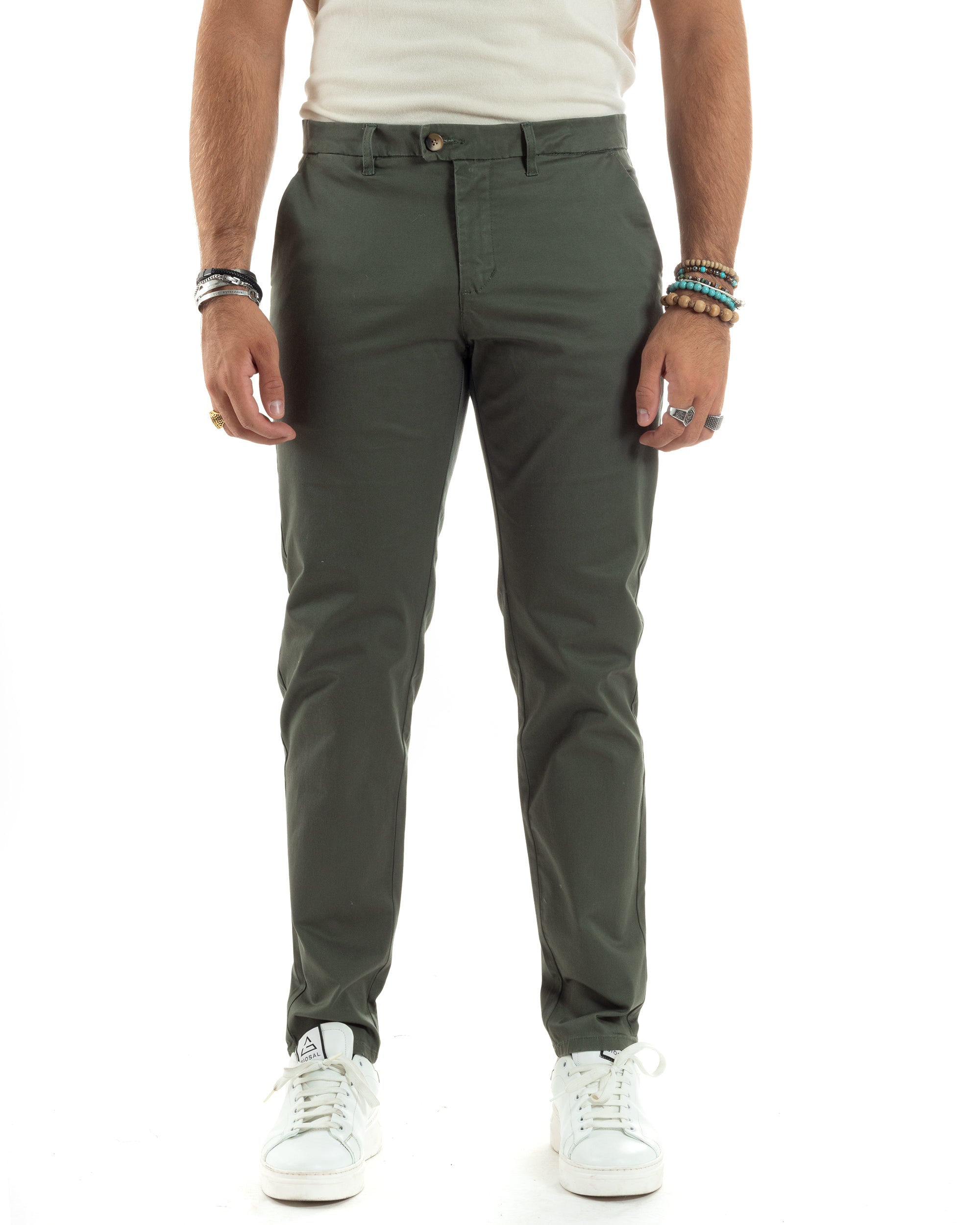 Pantaloni Uomo Cotone Raso Invernale Chinos Abbottonatura Allungata Tasca America Slim Fit Tinta Unita Verde GIOSAL-P6142A