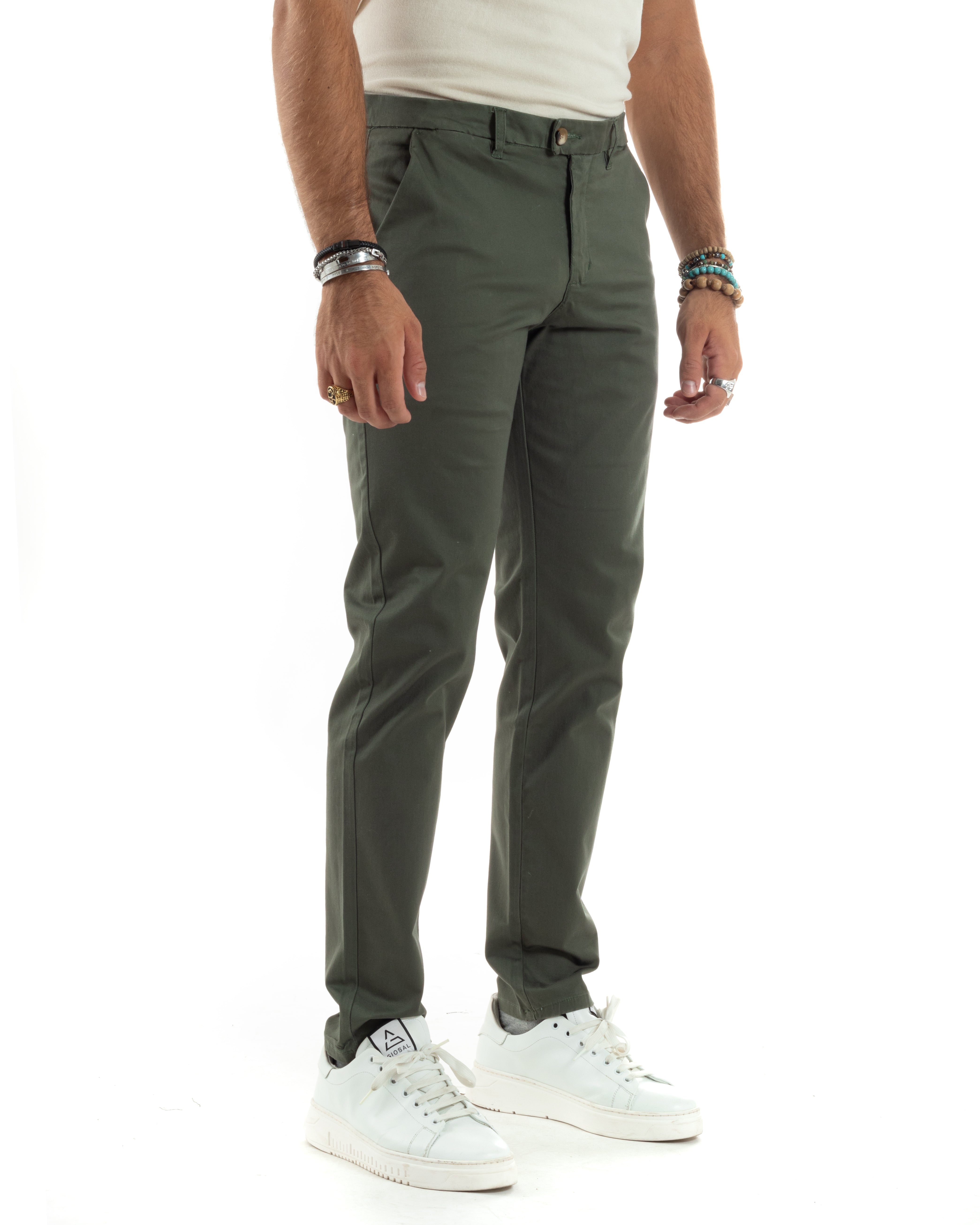 Pantaloni Uomo Cotone Raso Invernale Chinos Abbottonatura Allungata Tasca America Slim Fit Tinta Unita Verde GIOSAL-P6142A