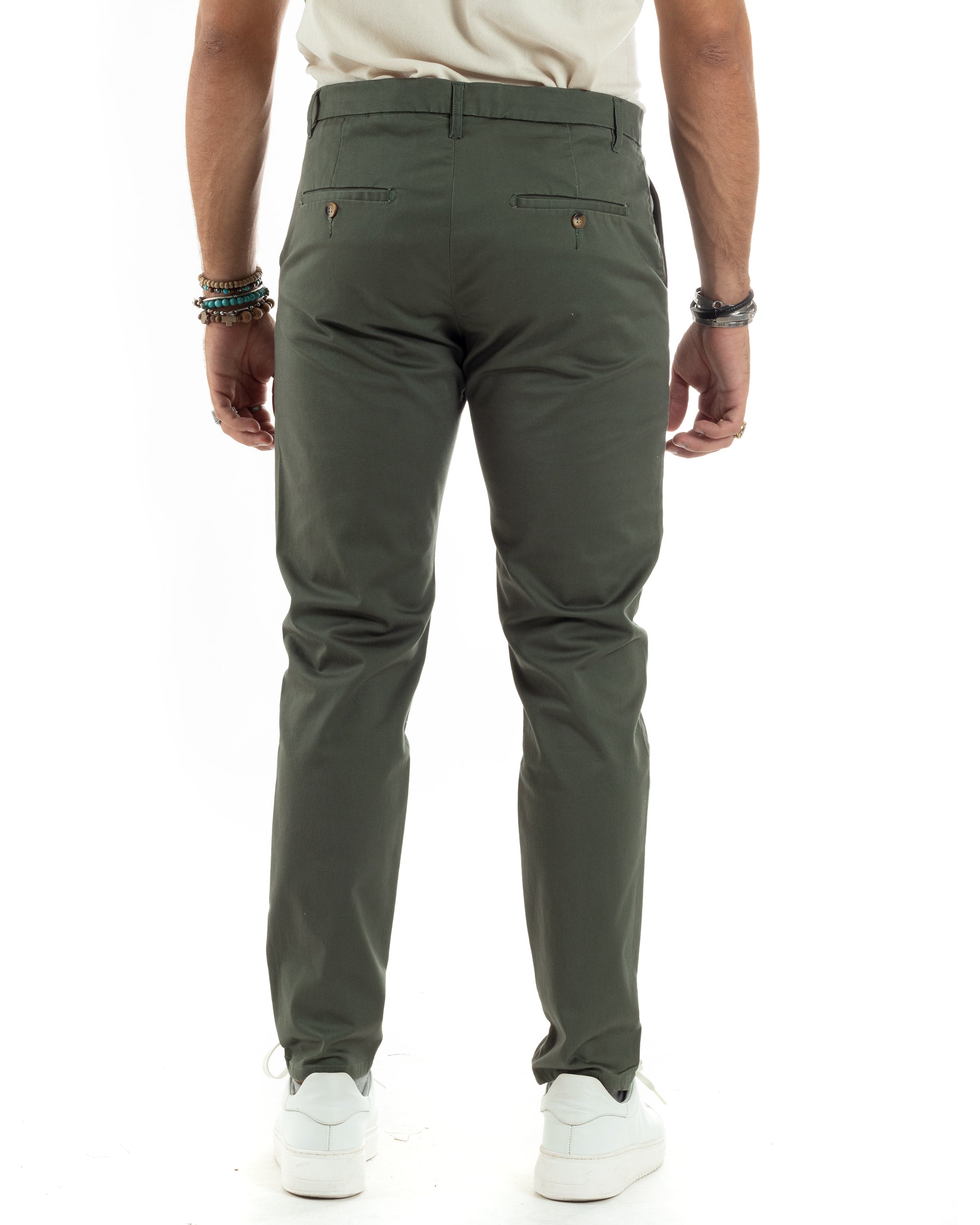 Pantaloni Uomo Cotone Raso Invernale Chinos Abbottonatura Allungata Tasca America Slim Fit Tinta Unita Verde GIOSAL-P6142A