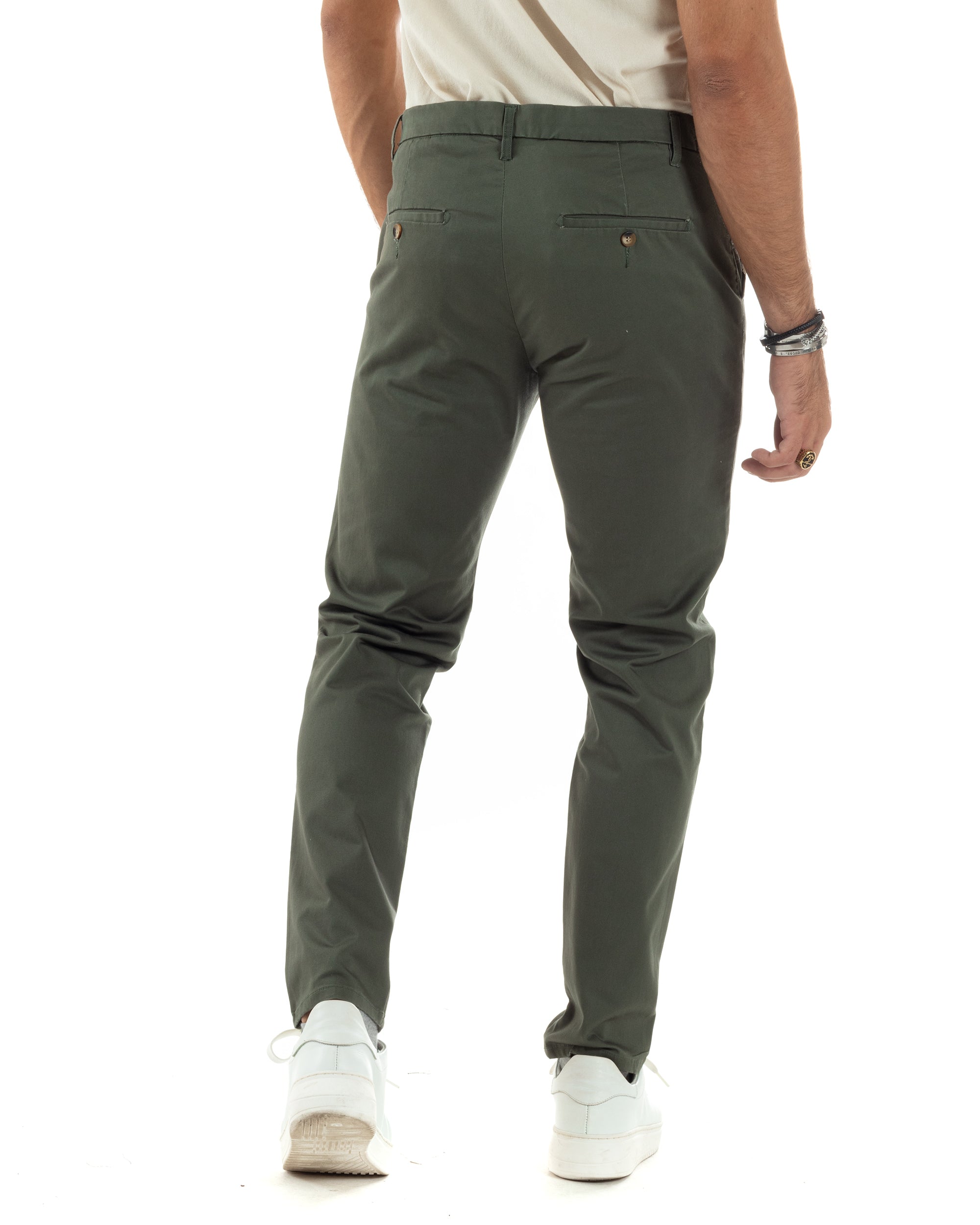 Pantaloni Uomo Cotone Raso Invernale Chinos Abbottonatura Allungata Tasca America Slim Fit Tinta Unita Verde GIOSAL-P6142A